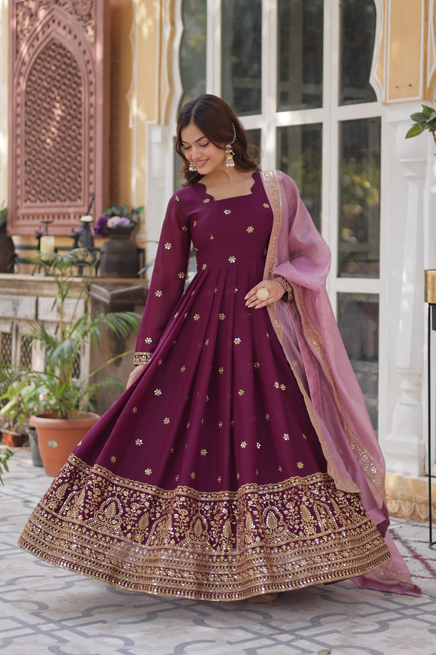 Wine Georgette Embroidery Ethnic Indian Dresses
