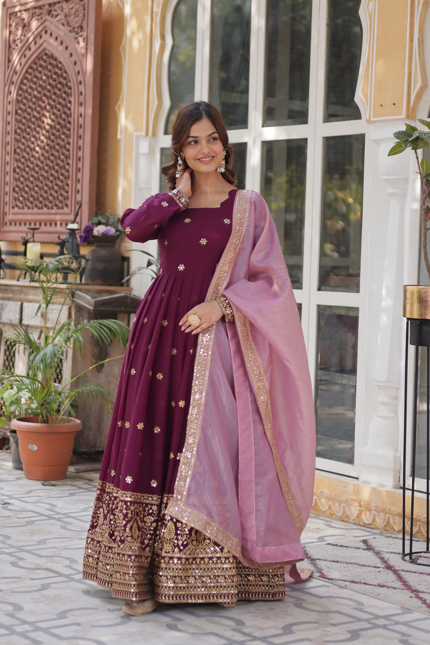 Wine Georgette Embroidery Ethnic Indian Dresses
