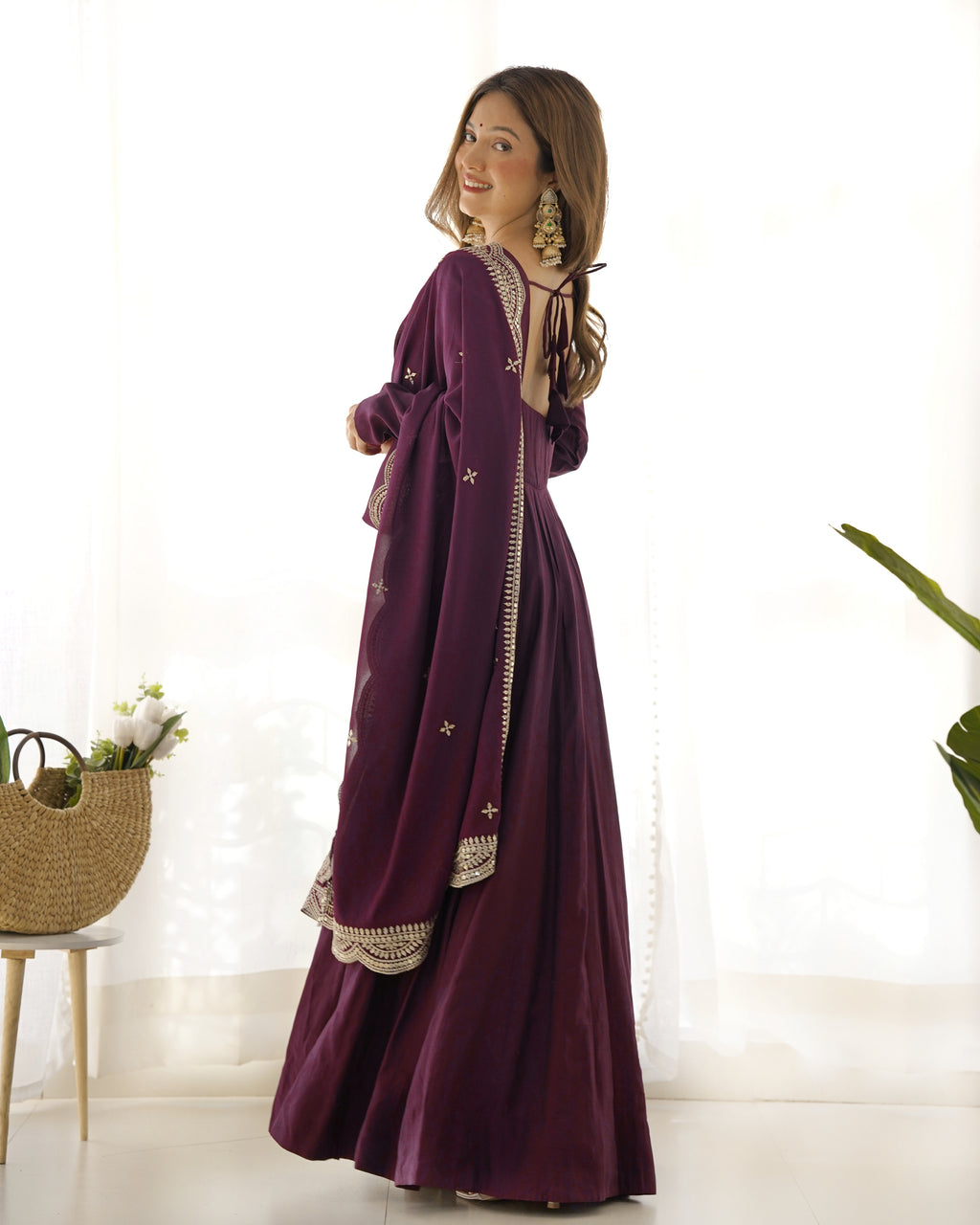 Wine Silk Anarkali Suit With Wine Dupatta 2