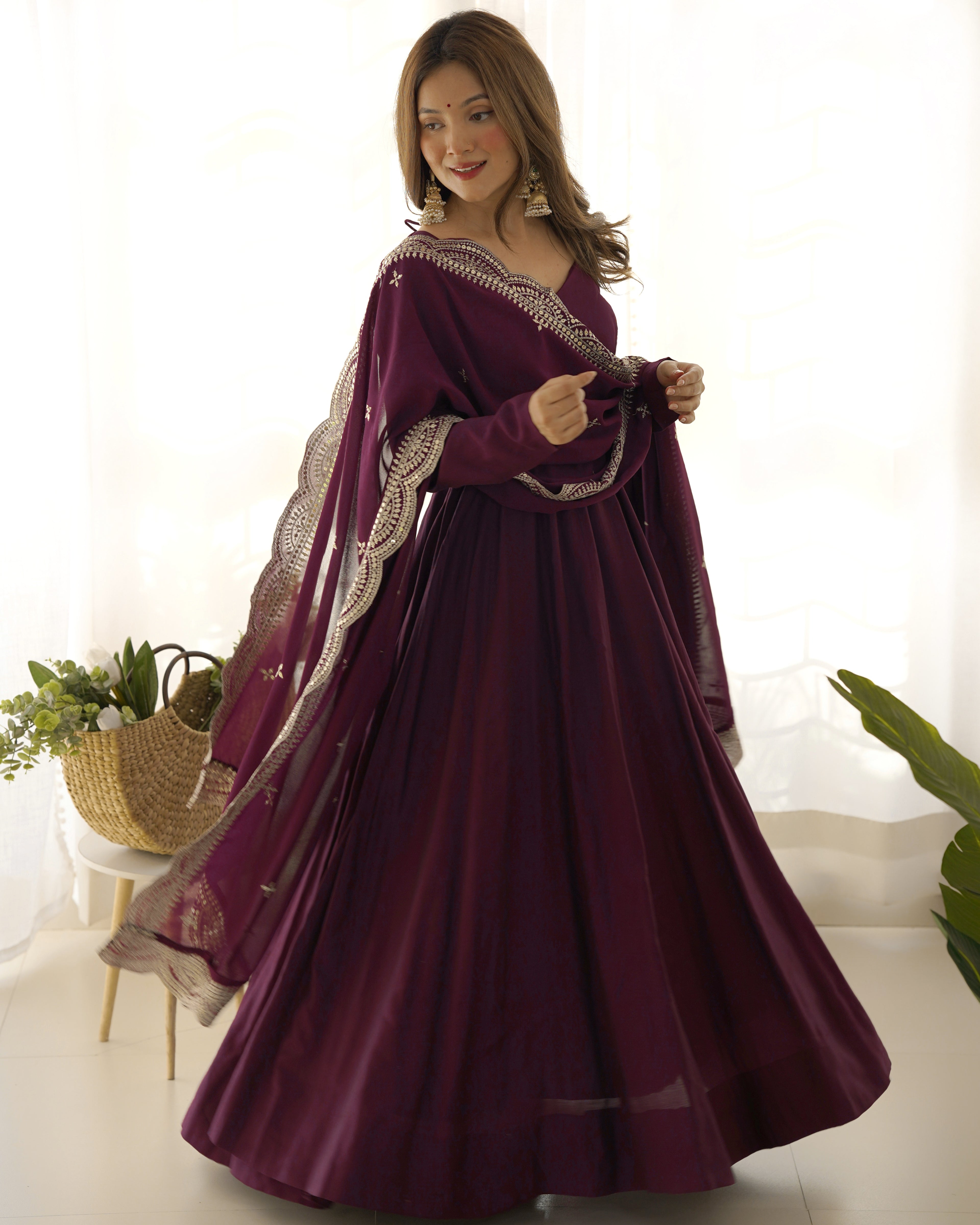 Wine Silk Anarkali Suit With Wine Dupatta 3