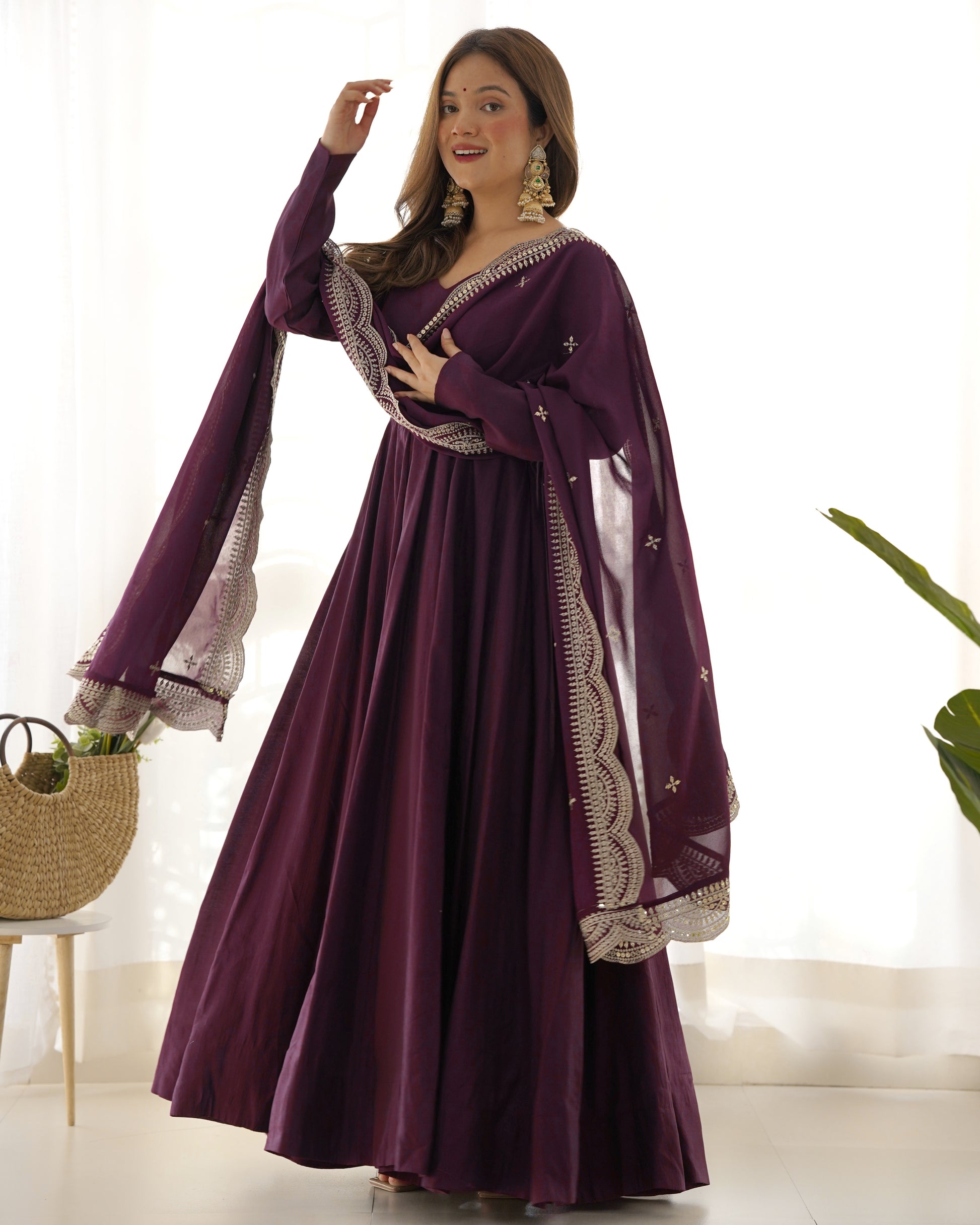 Wine Silk Anarkali Suit With Wine Dupatta 4