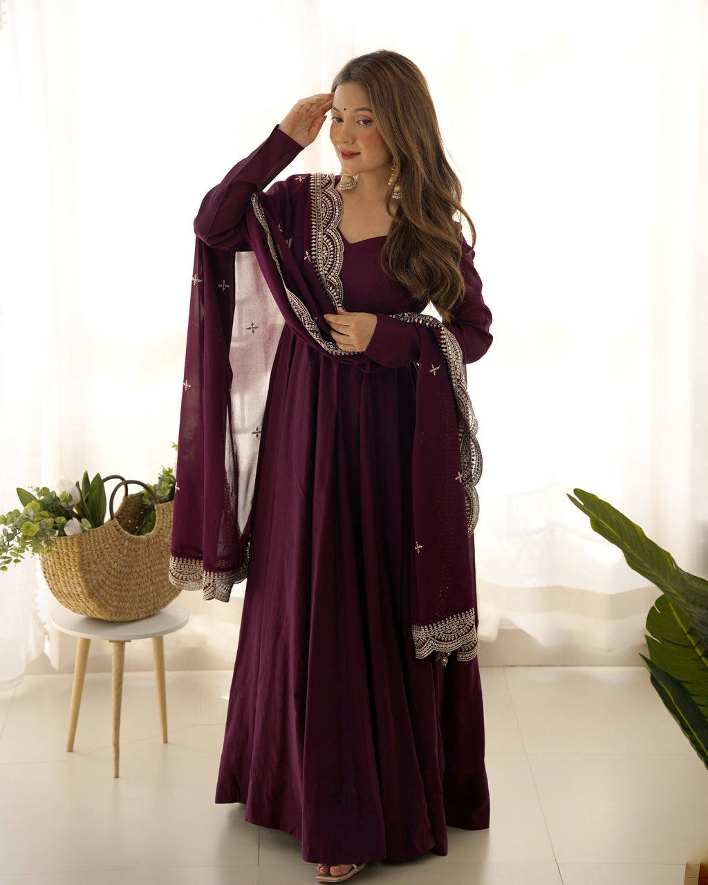 Wine Silk Anarkali Suit With Wine Dupatta 5