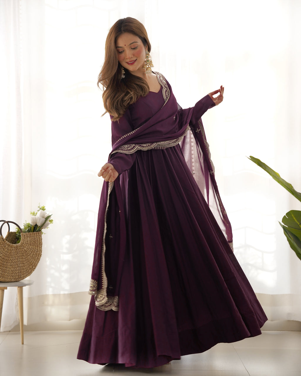 Wine Silk Anarkali Suit With Wine Dupatta 8