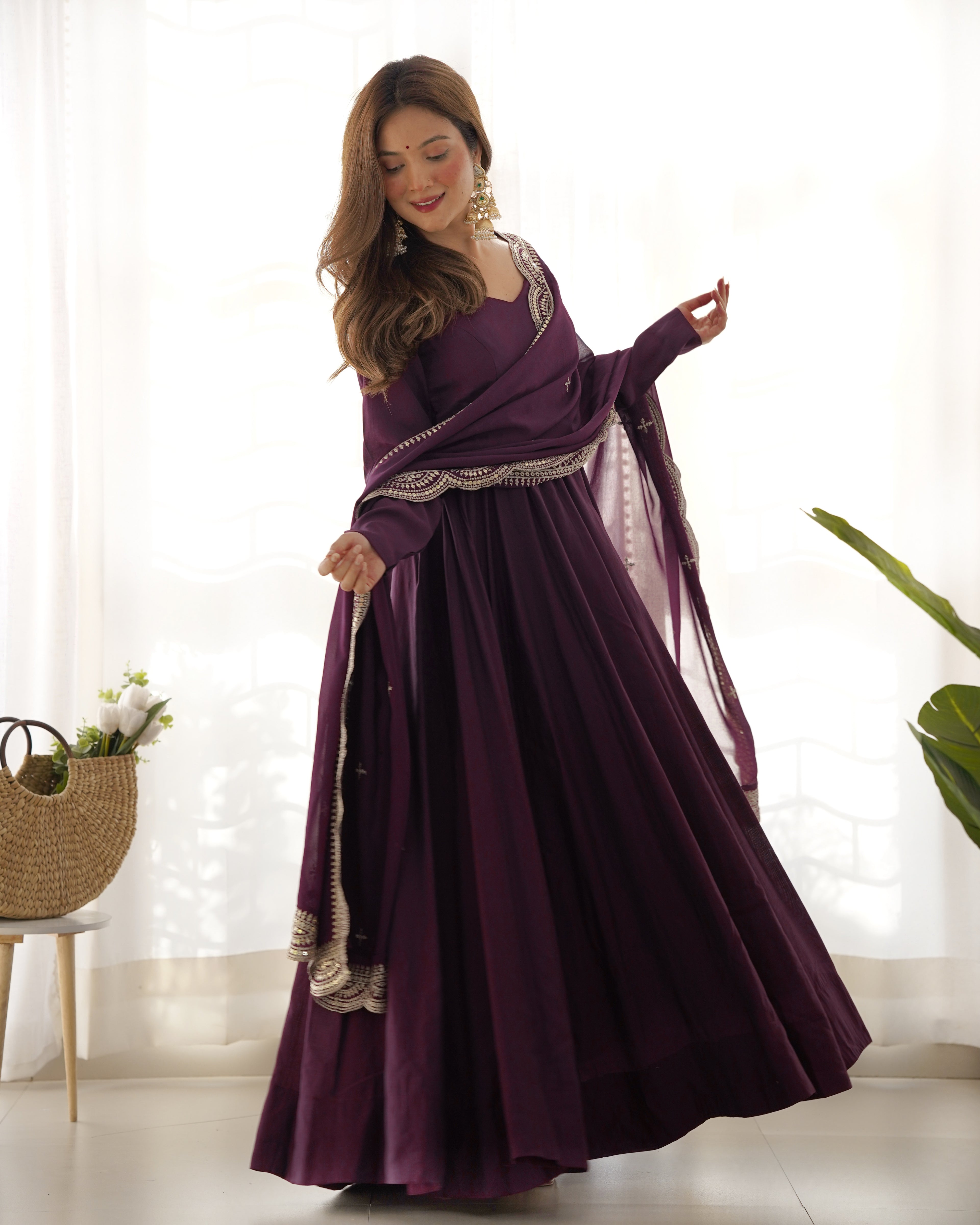 Wine Silk Anarkali Suit With Wine Dupatta 8