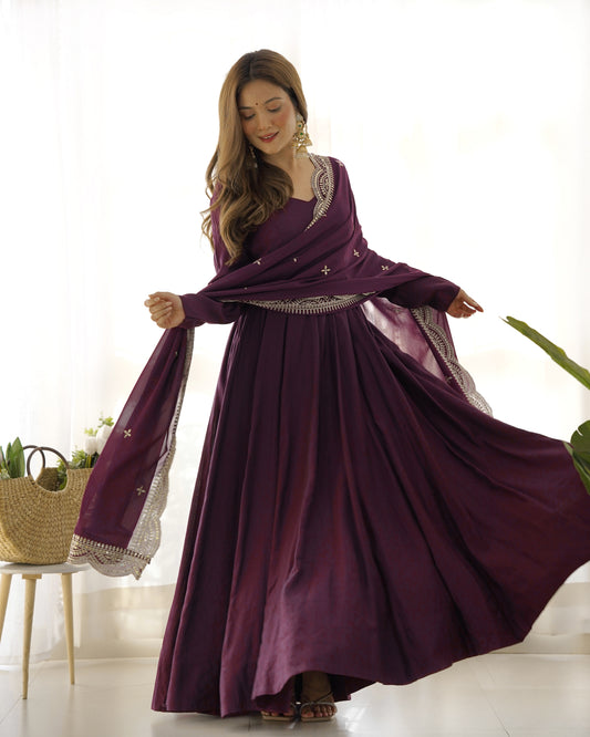 Wine Silk Anarkali Suit With Wine Dupatta main