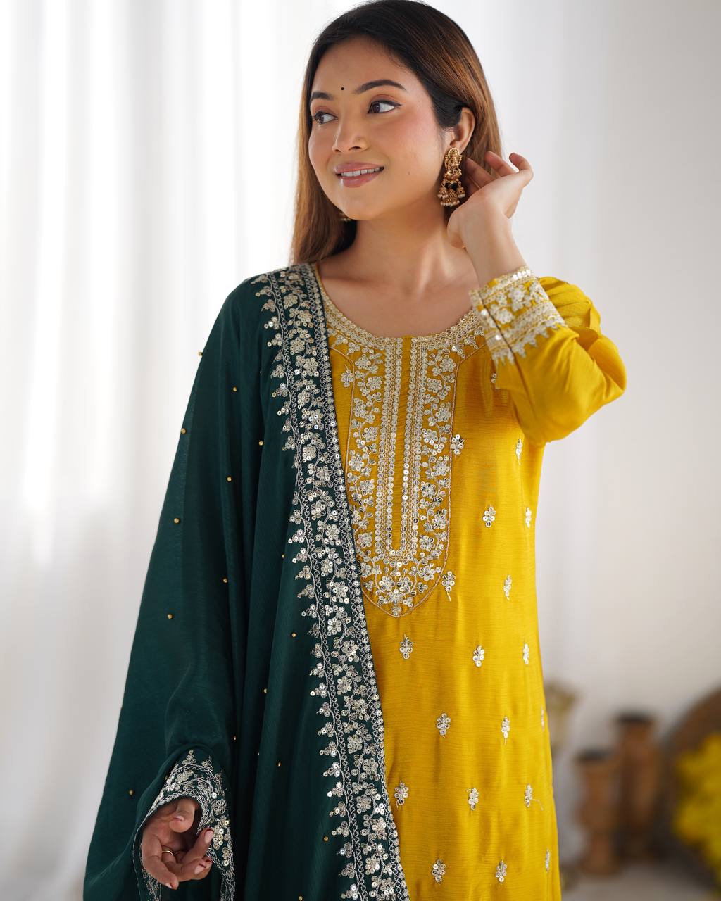 Yellow Chinnon Kurta Set 