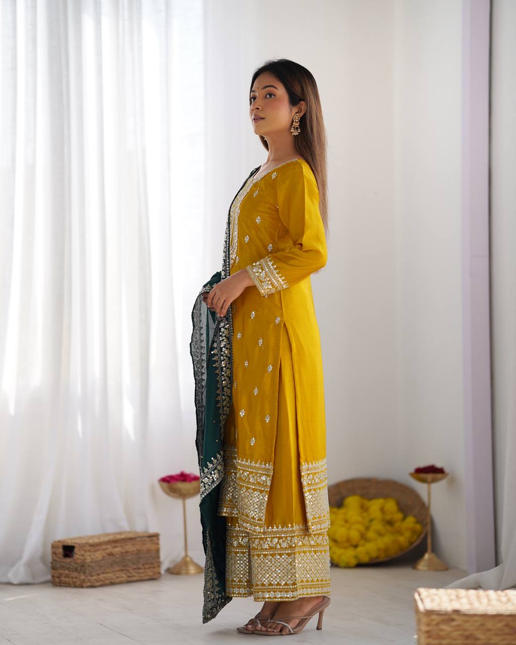 Yellow Chinnon Kurta Set 