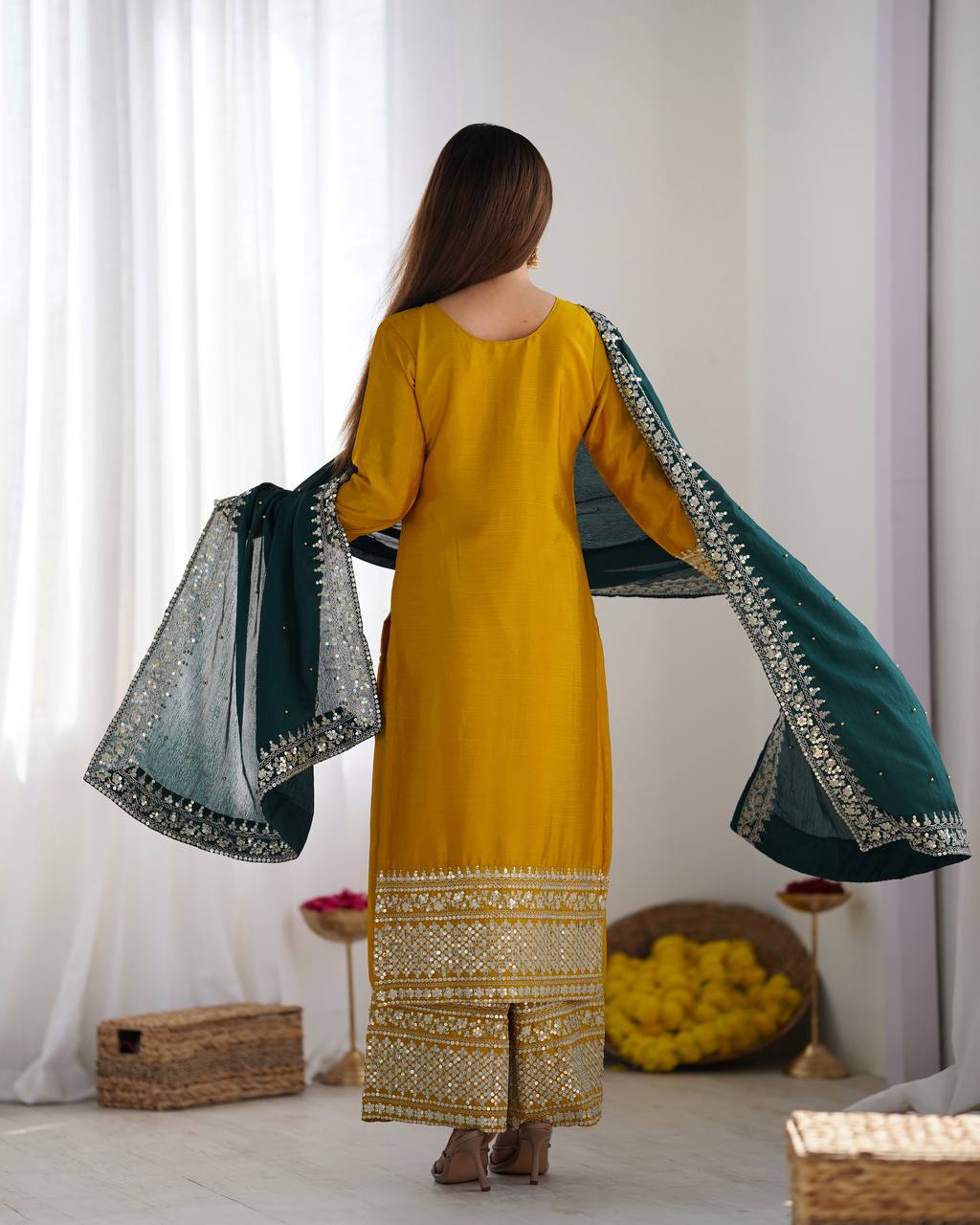 Yellow Chinnon Kurta Set 
