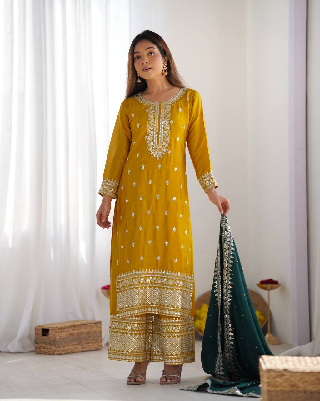 Yellow Chinnon Kurta Set 