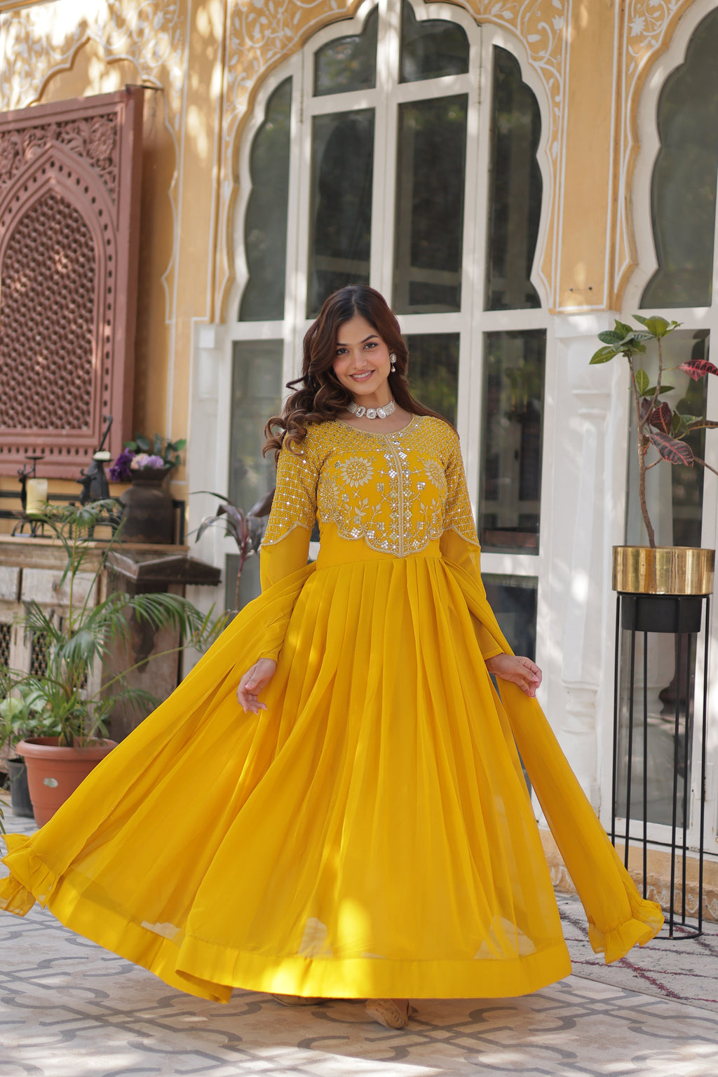 Yellow Georgette Embroidered Ethnic Wear Dress