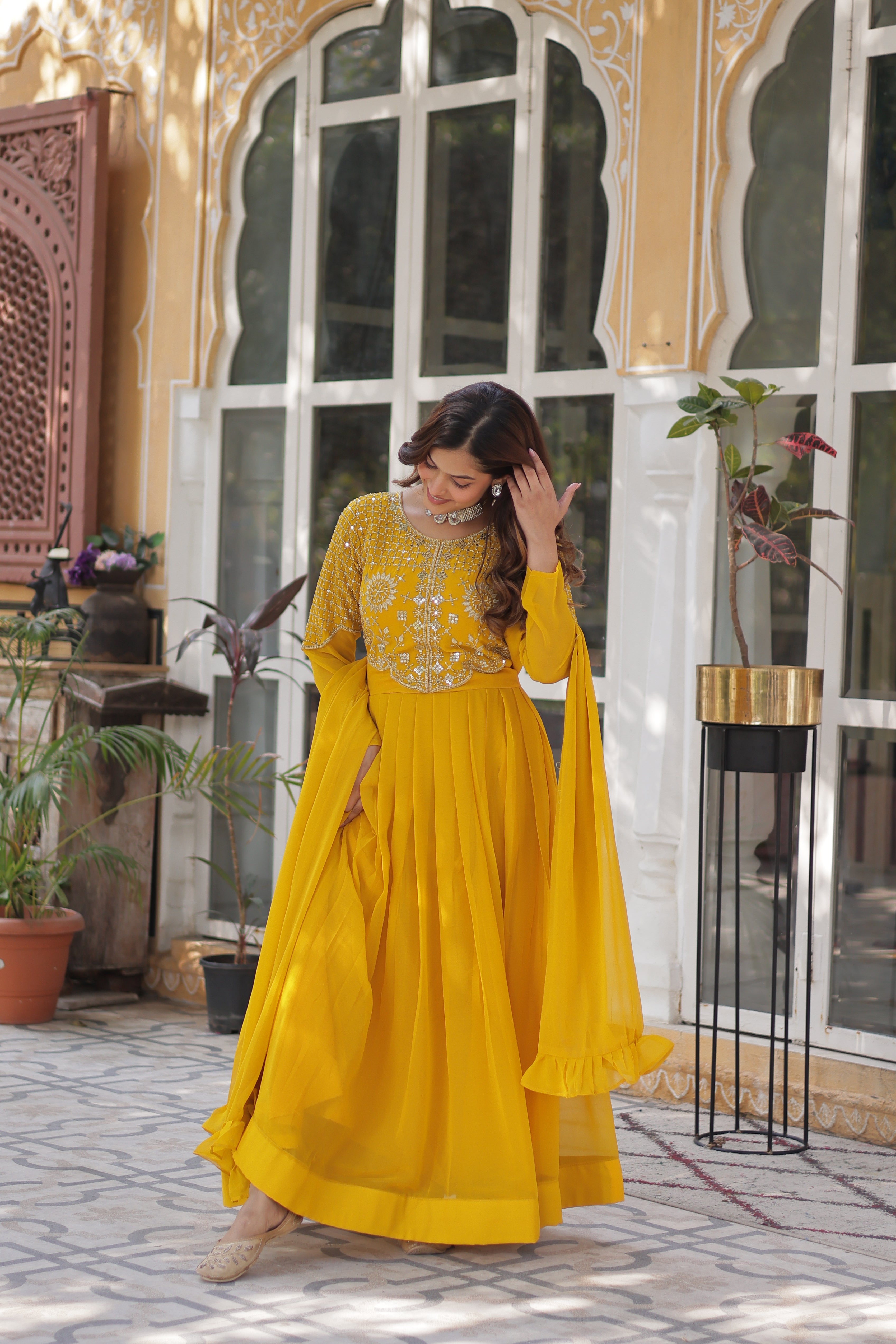 Yellow Georgette Embroidered Ethnic Wear Dress