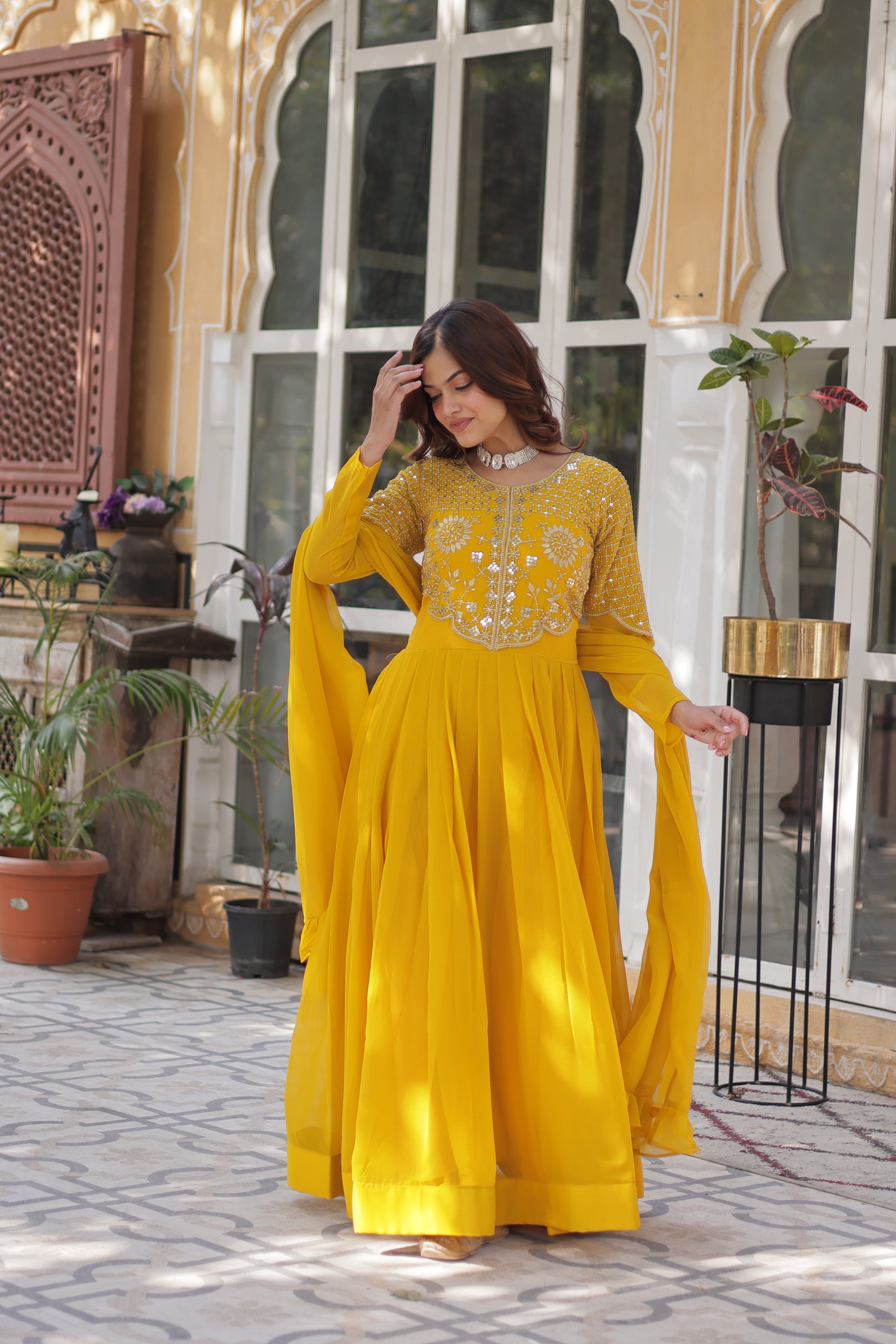 Yellow Georgette Embroidered Ethnic Wear Dress