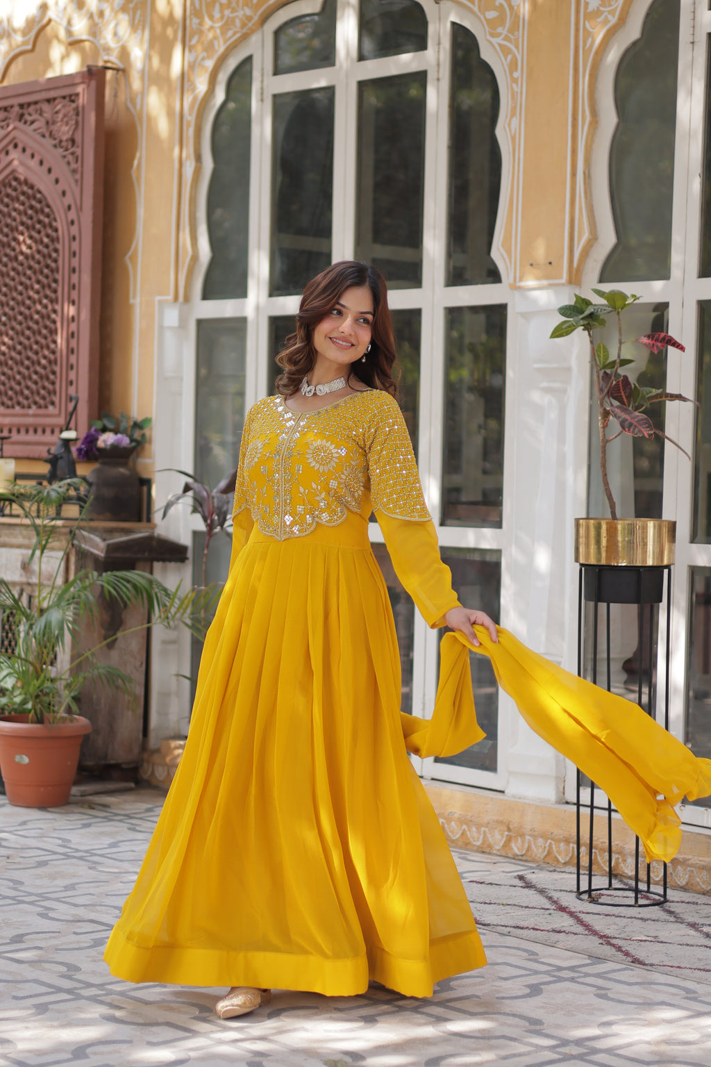 Yellow Georgette Embroidered Ethnic Wear Dress
