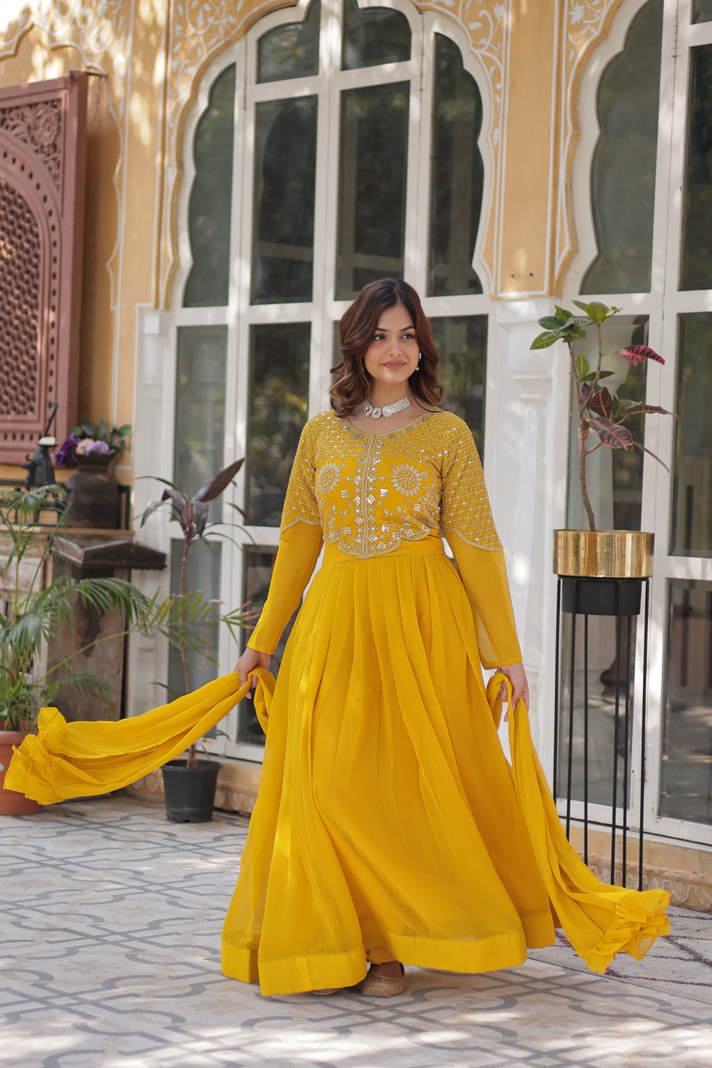 Yellow Georgette Embroidered Ethnic Wear Dress