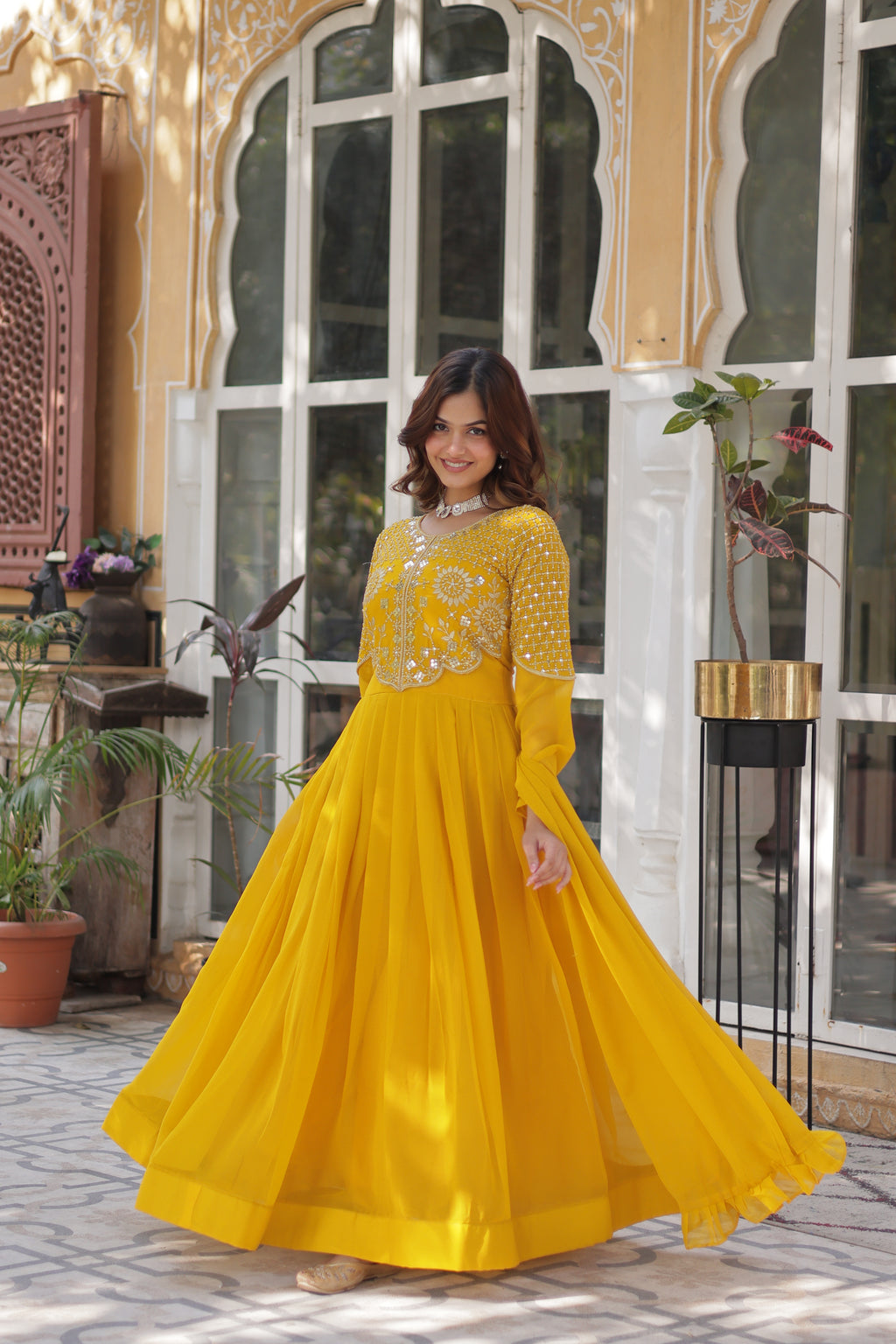 Yellow Georgette Embroidered Ethnic Wear Dress