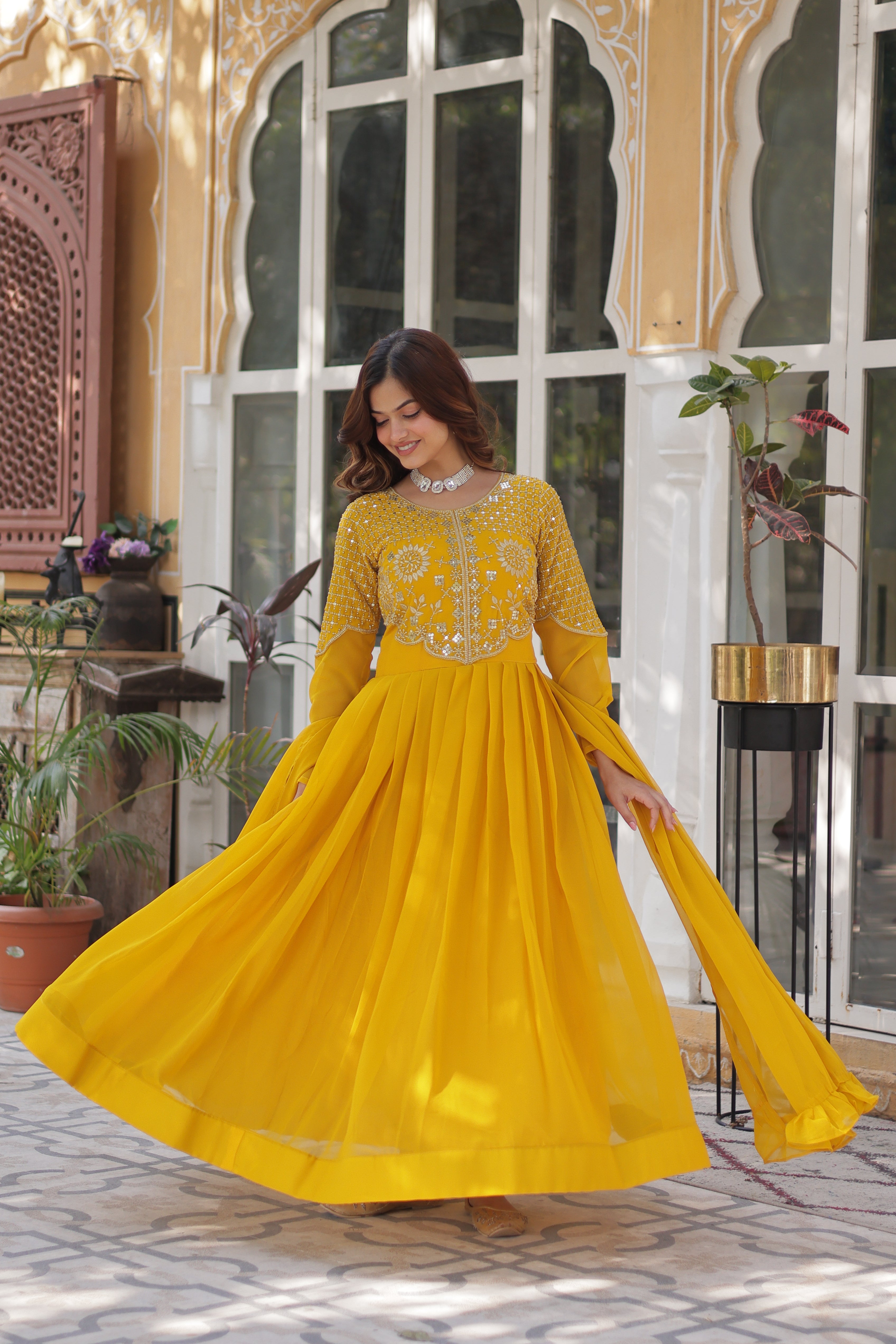 Yellow Georgette Embroidered Ethnic Wear Dress