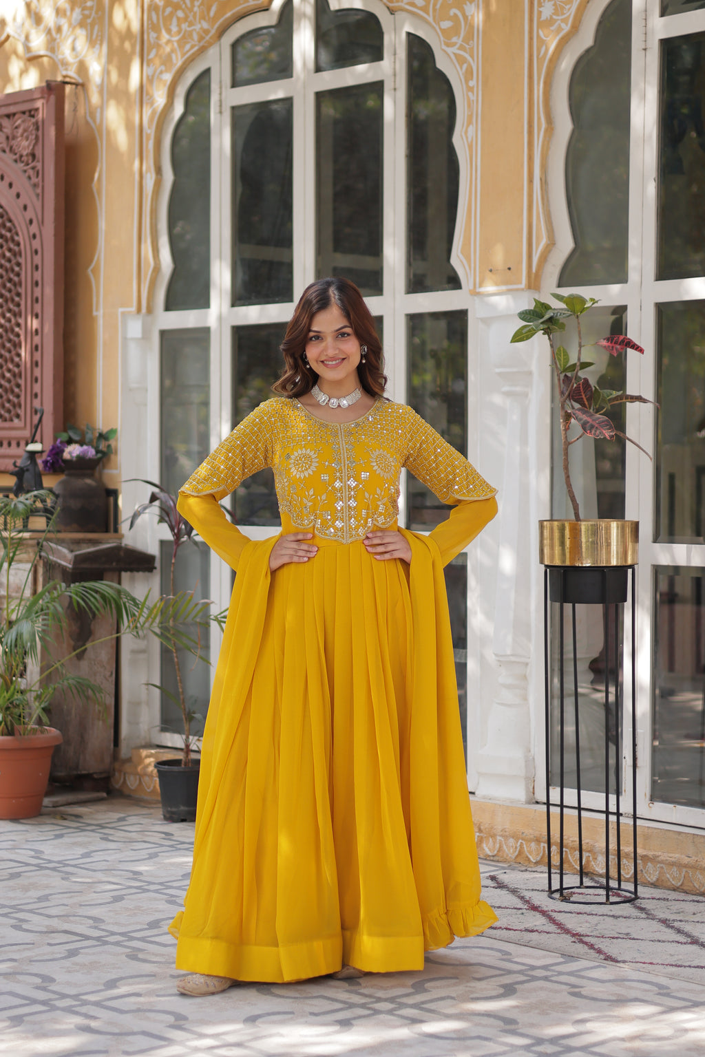 Yellow Georgette Embroidered Ethnic Wear Dress