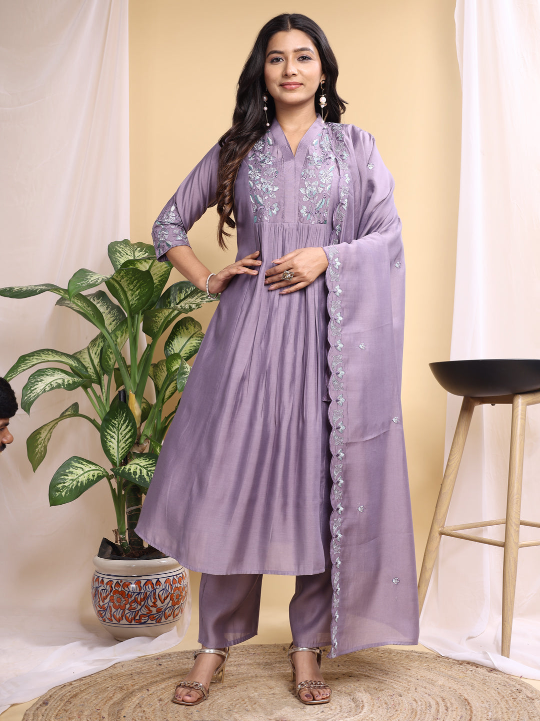 purple roman silk embroidery kurta set