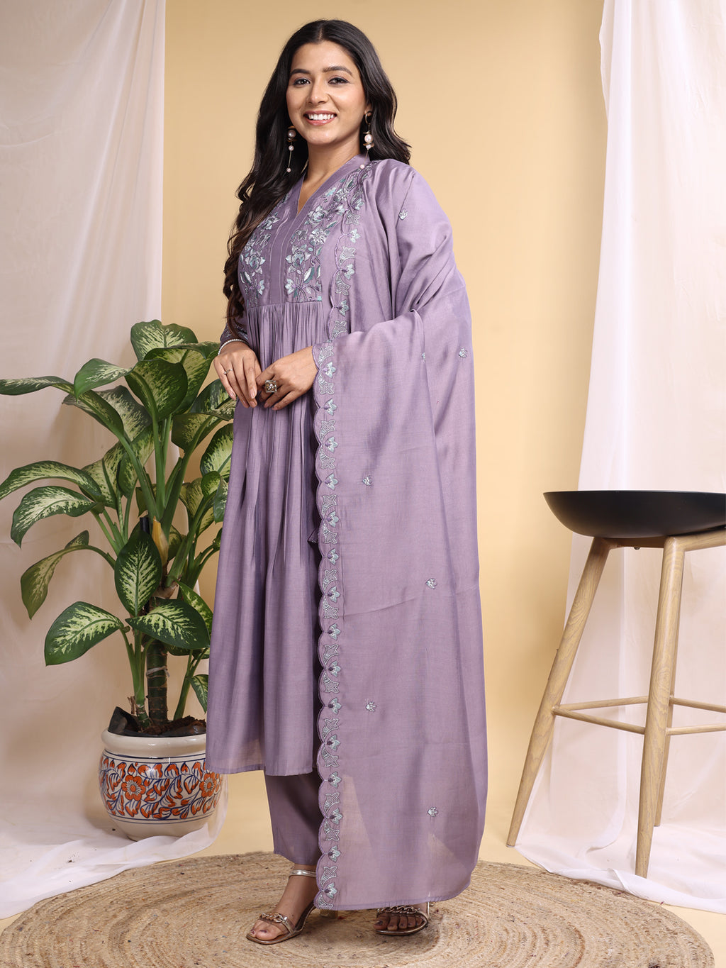 purple roman silk embroidery kurta set