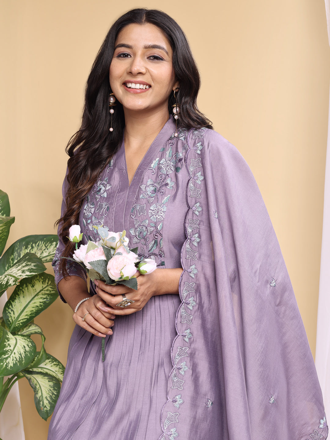 purple roman silk embroidery kurta set