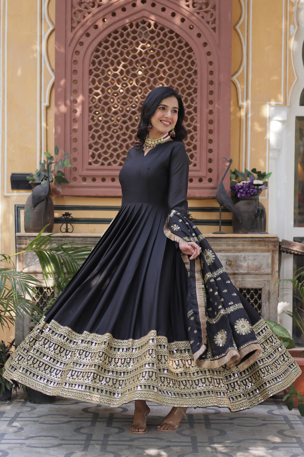 black georgette gown with dupatta 