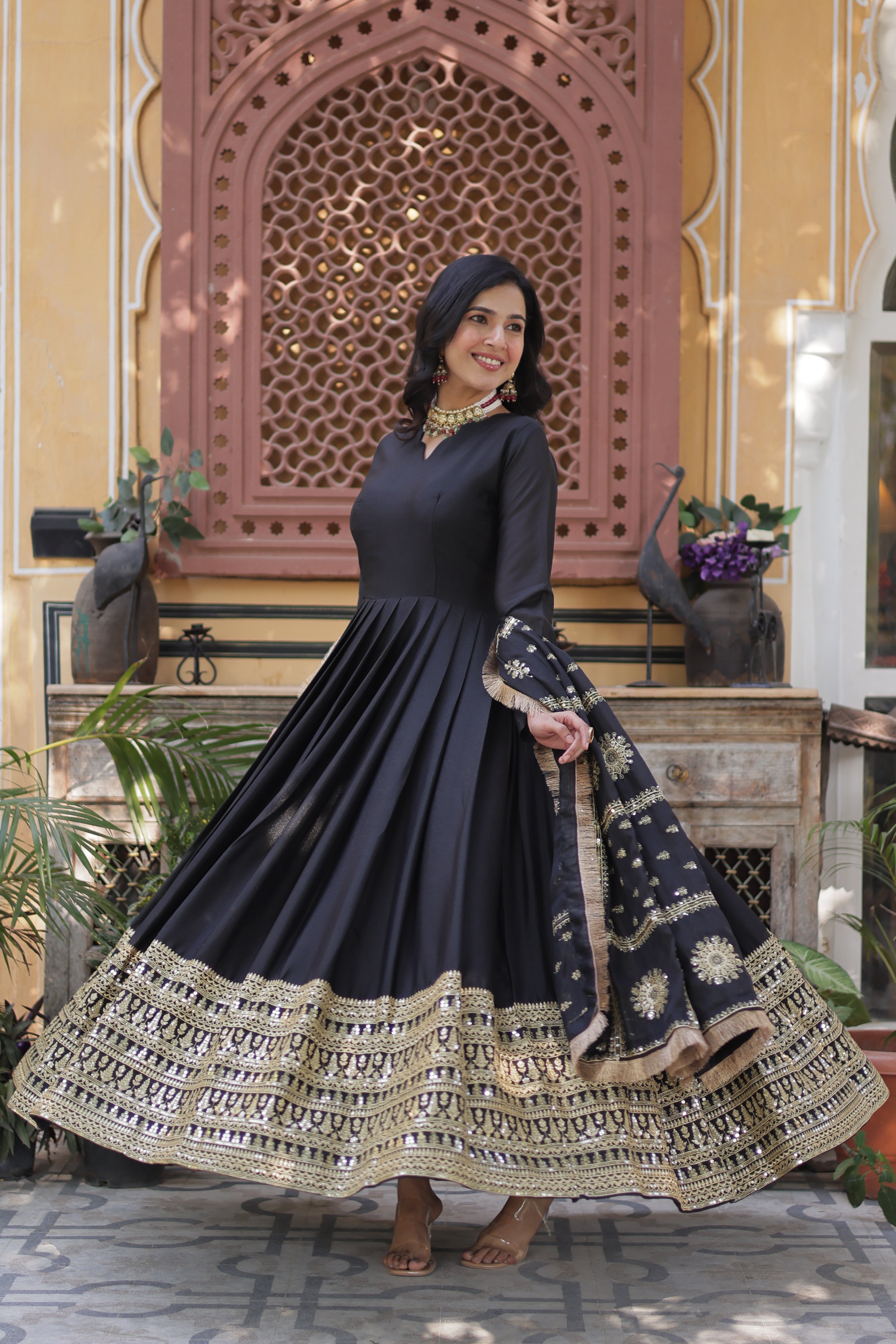 black georgette gown with dupatta 