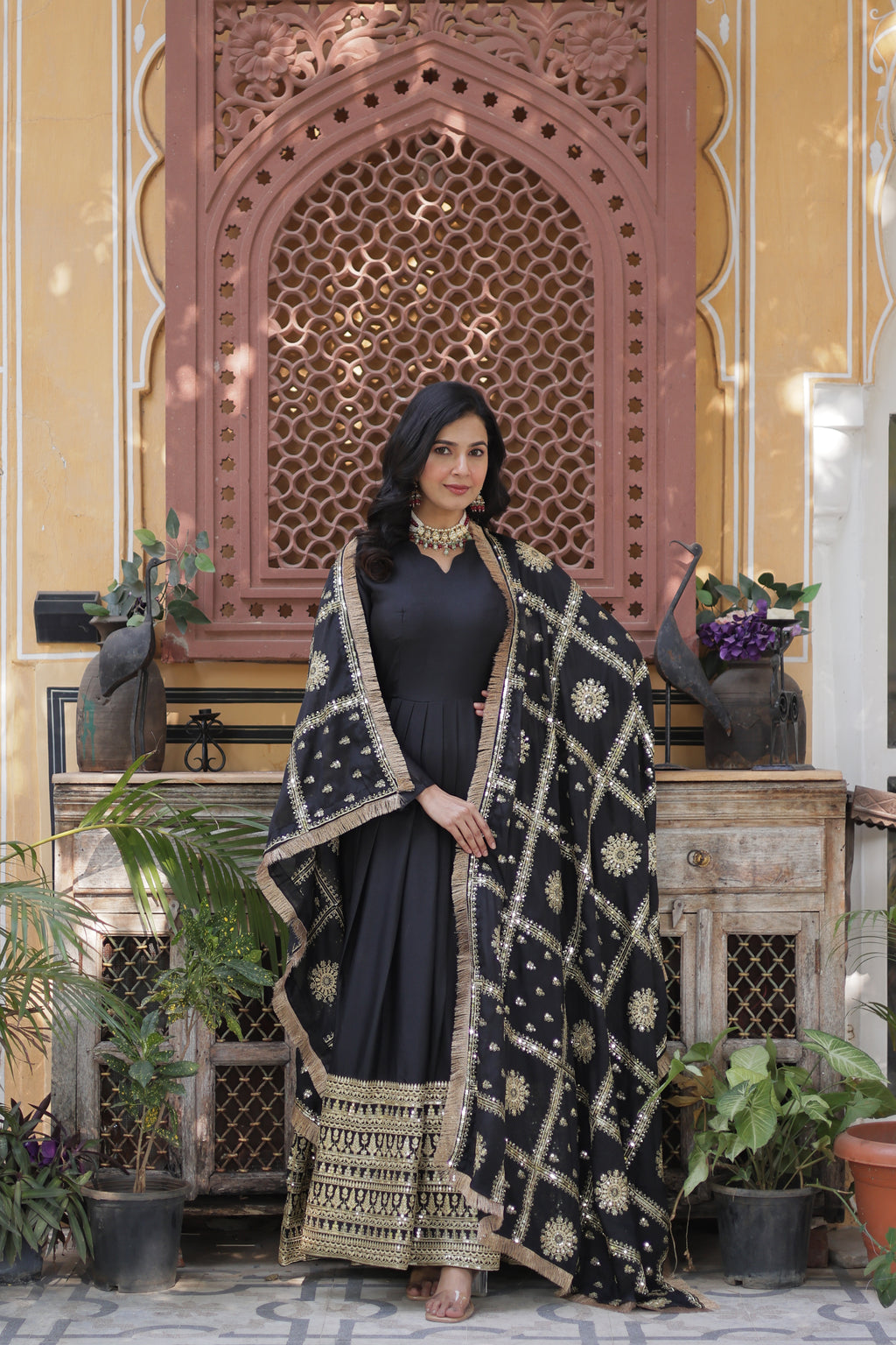 black georgette gown with dupatta 