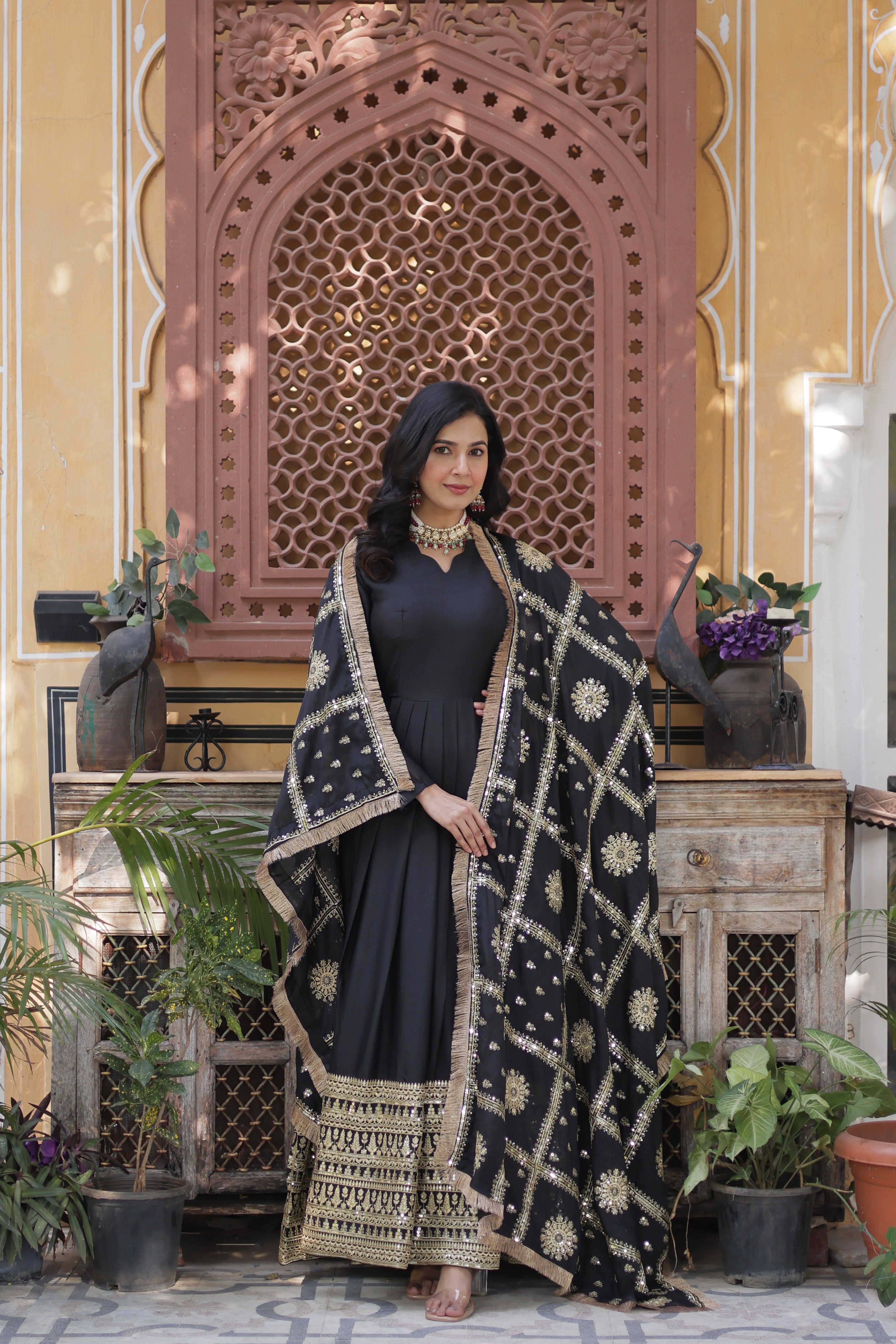 black georgette gown with dupatta 
