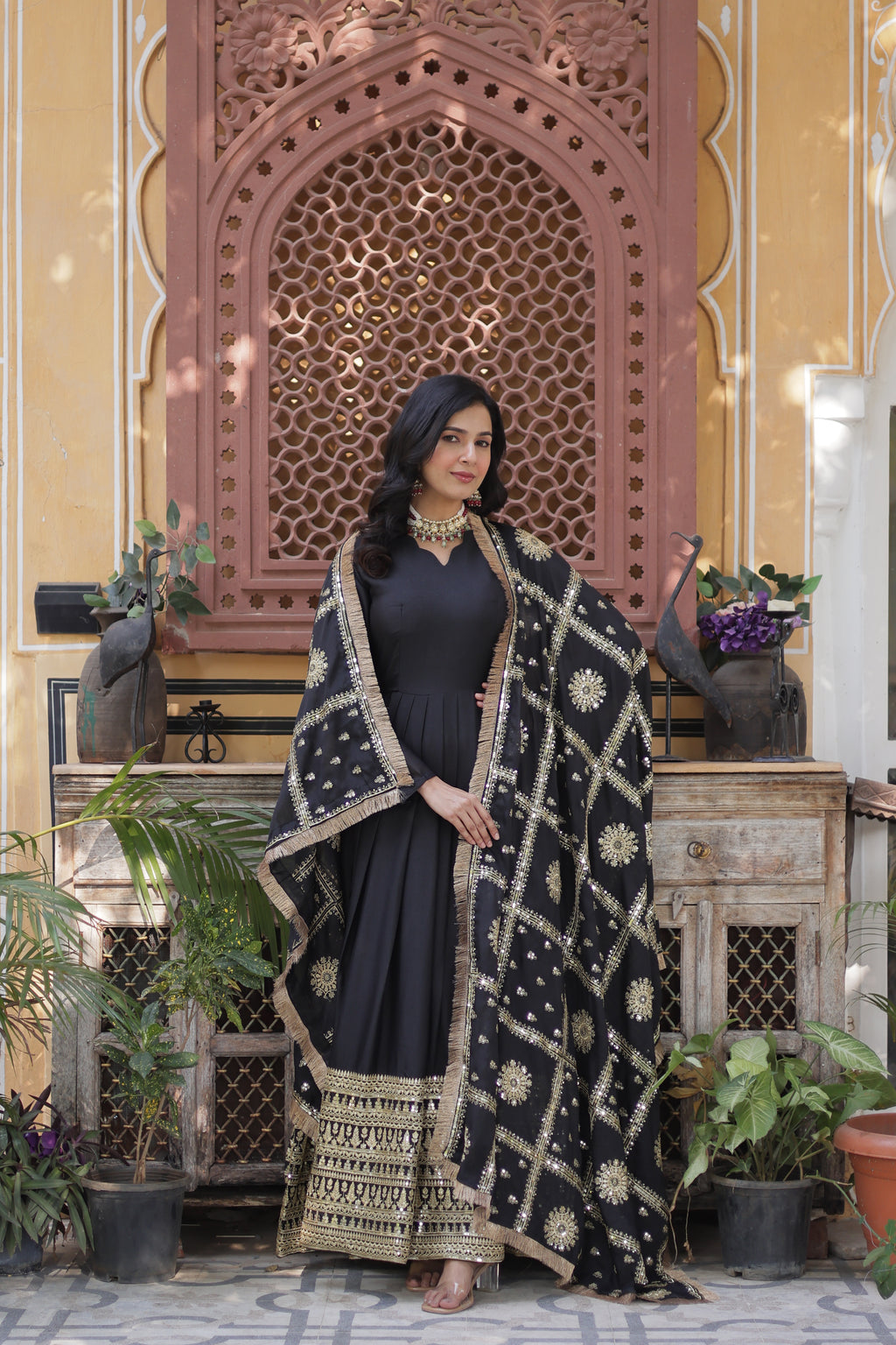 black georgette gown with dupatta 