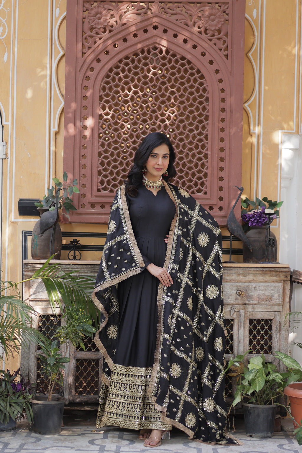black georgette gown with dupatta 