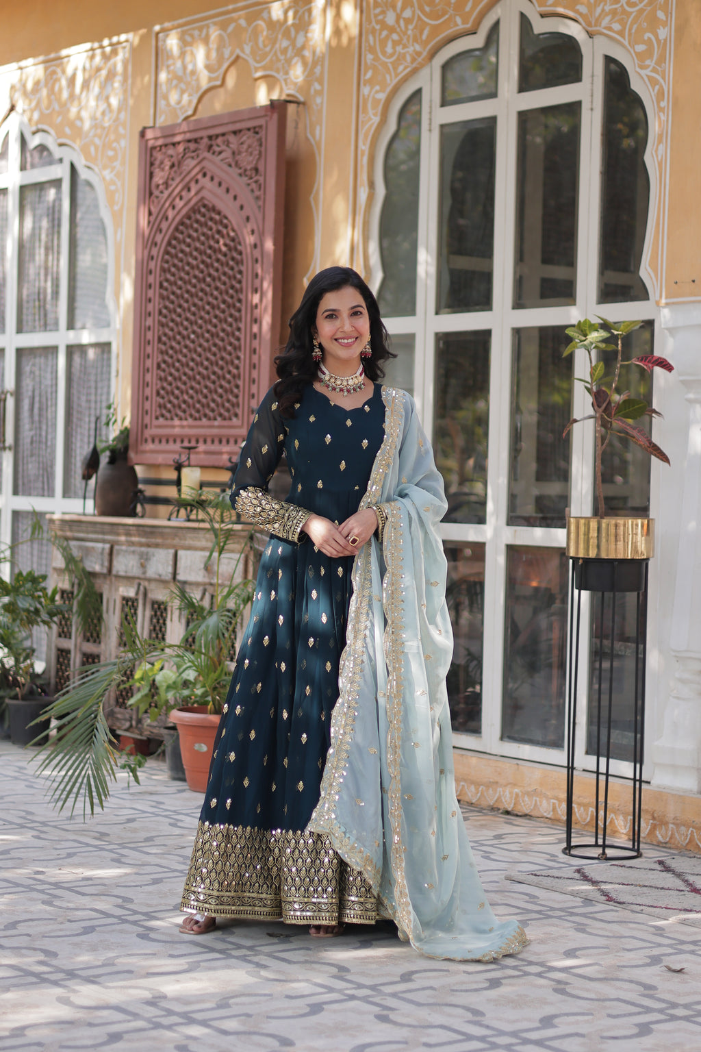 blue georgette embroidered gown with dupatta 