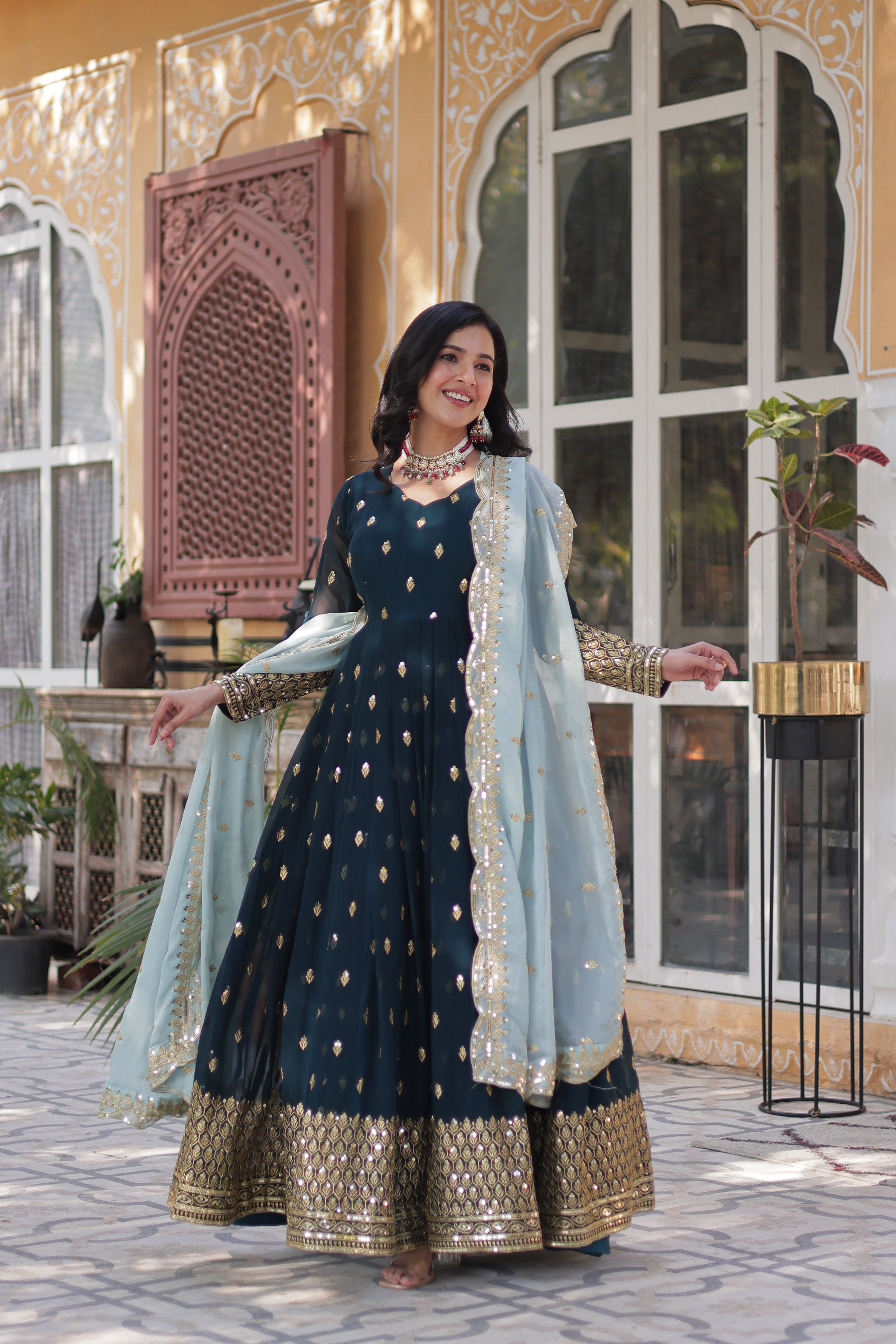 blue georgette embroidered gown with dupatta 