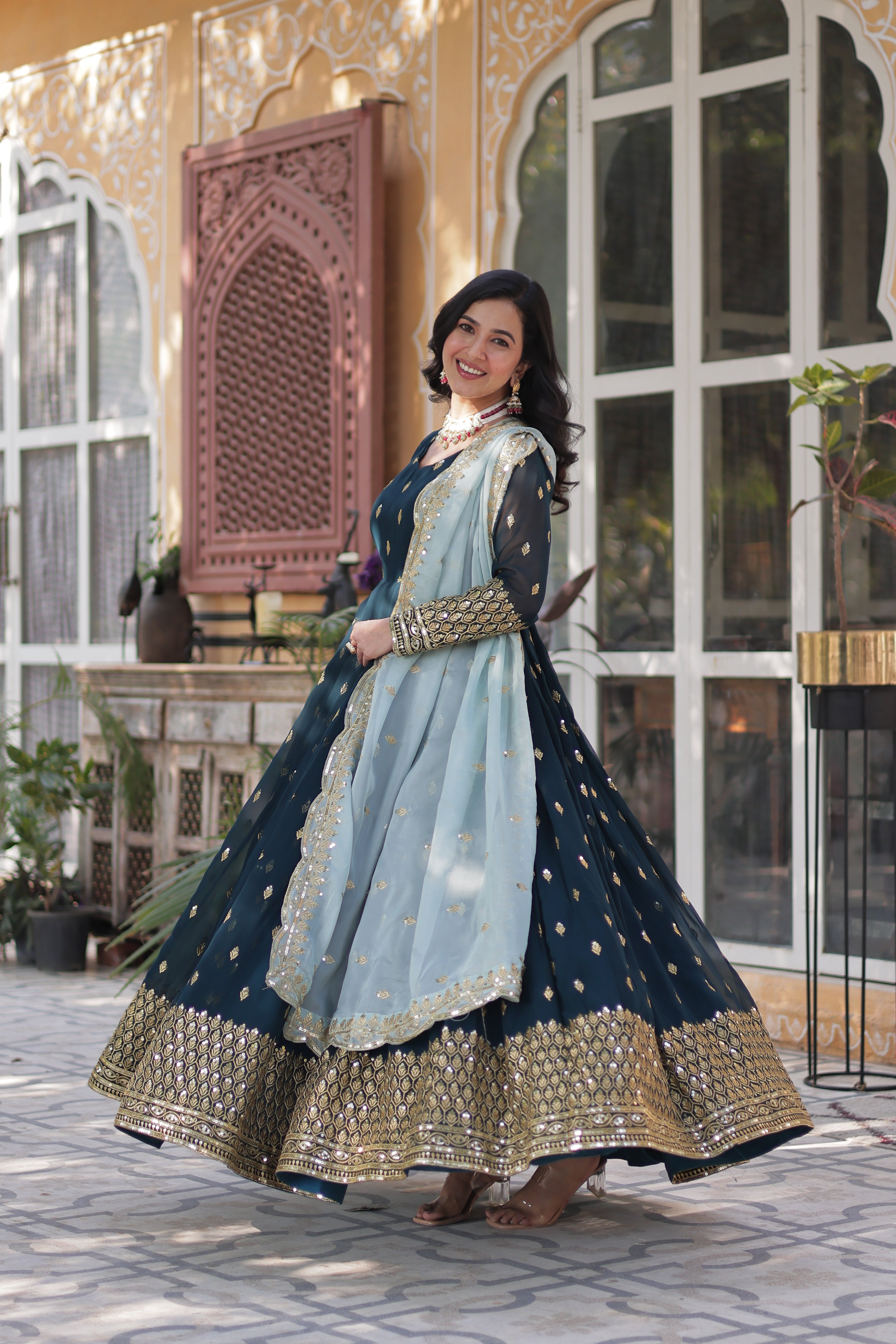 blue georgette embroidered gown with dupatta 