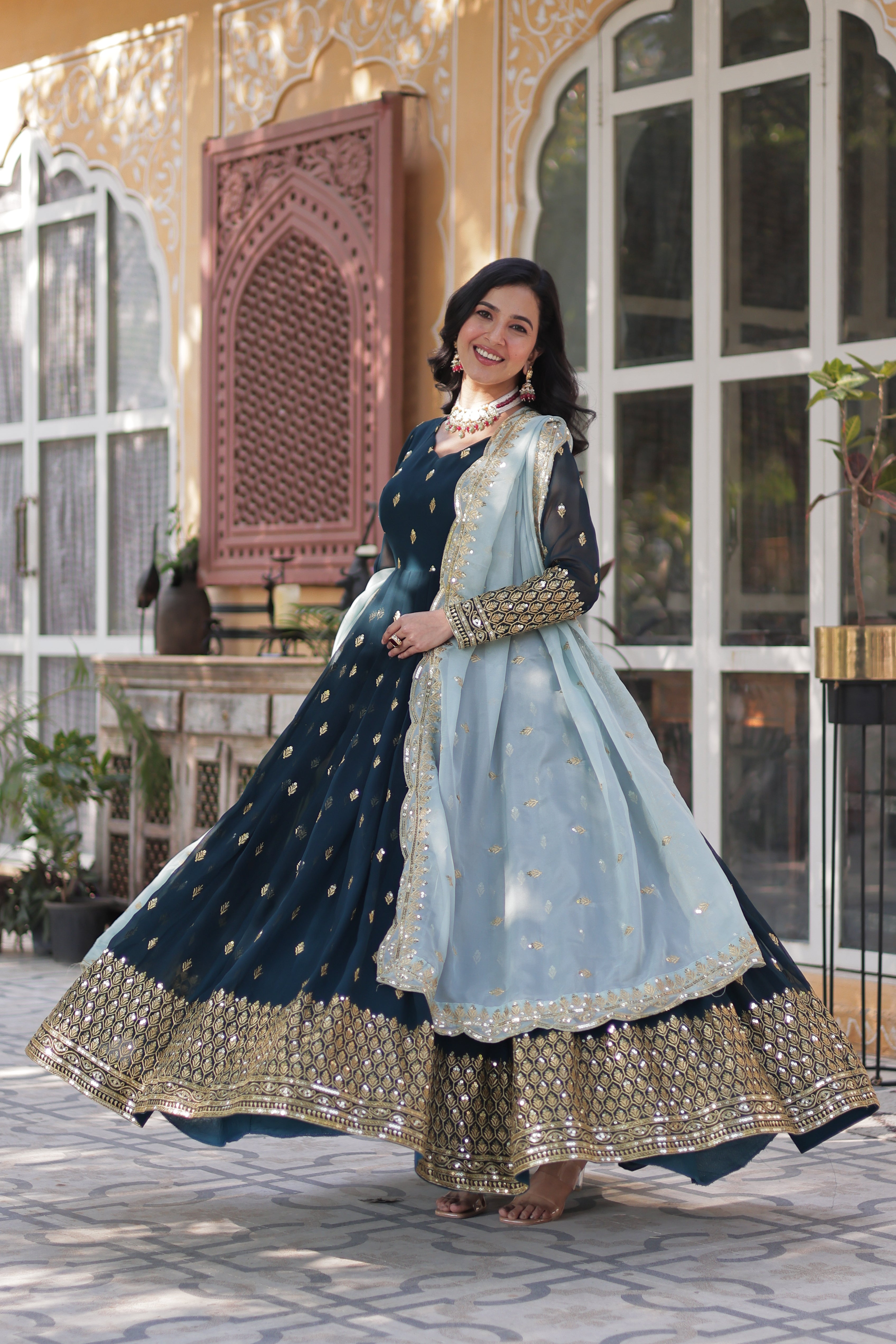 blue georgette embroidered gown with dupatta 