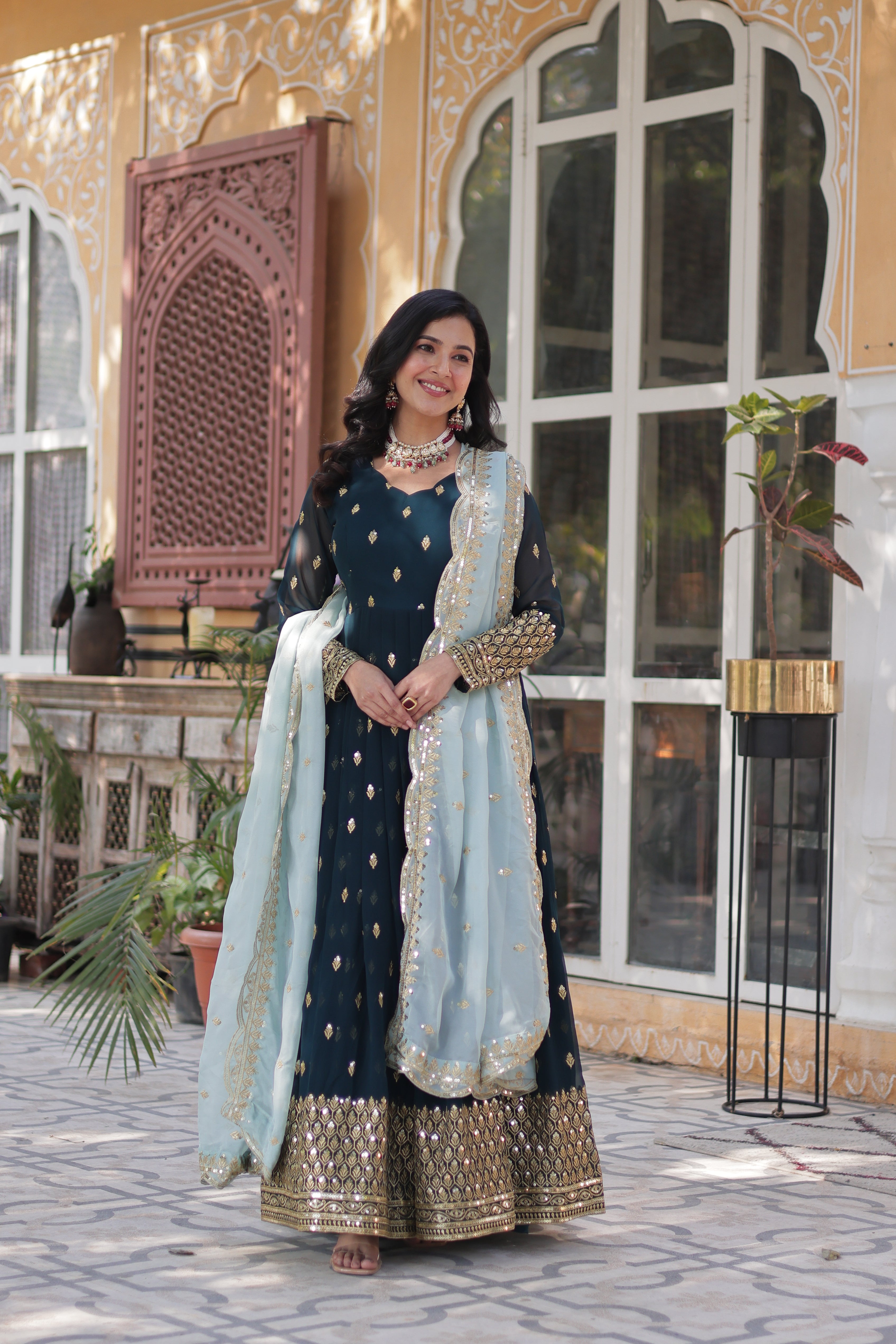 blue georgette embroidered gown with dupatta 