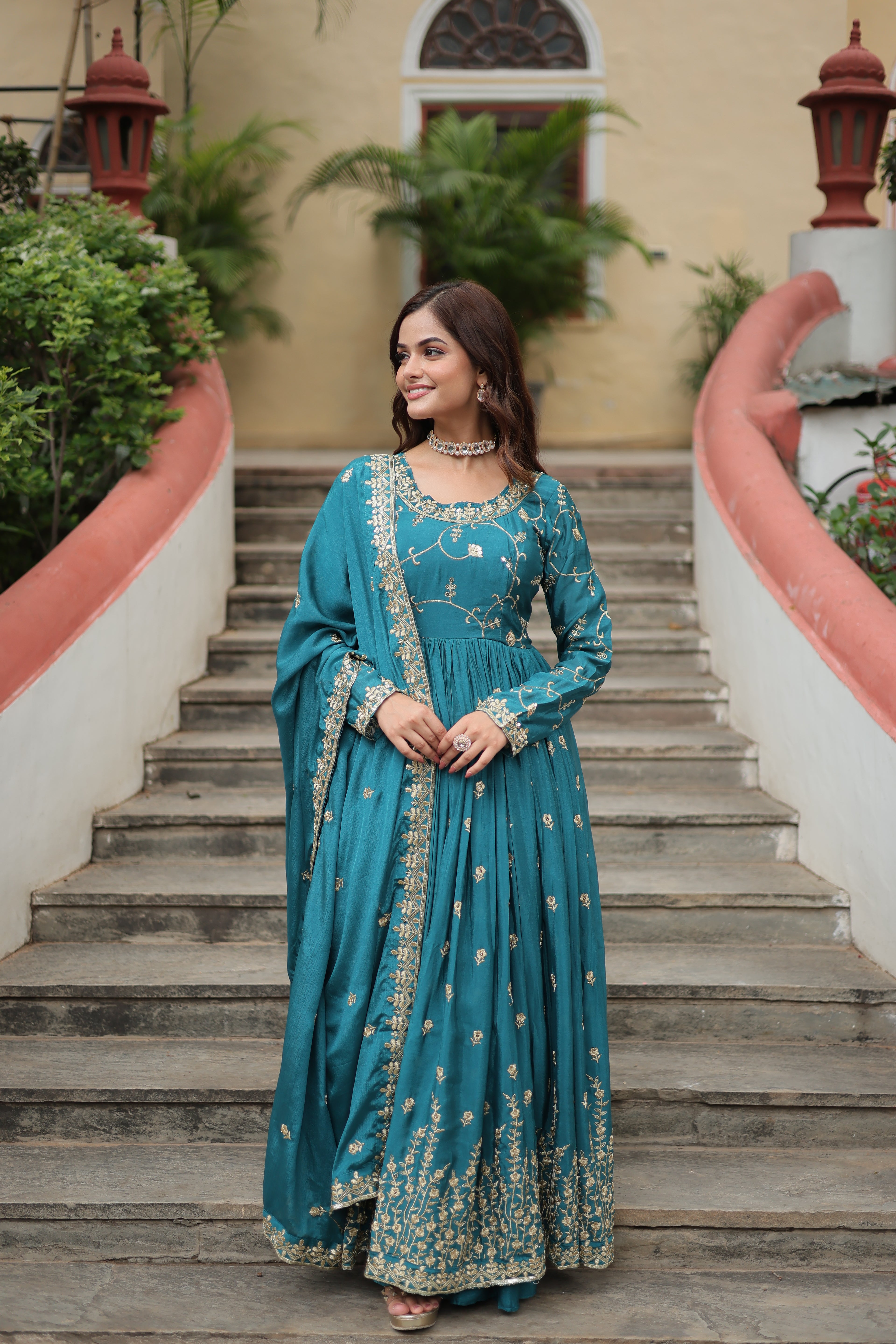 blue long kurti sharara suit set 