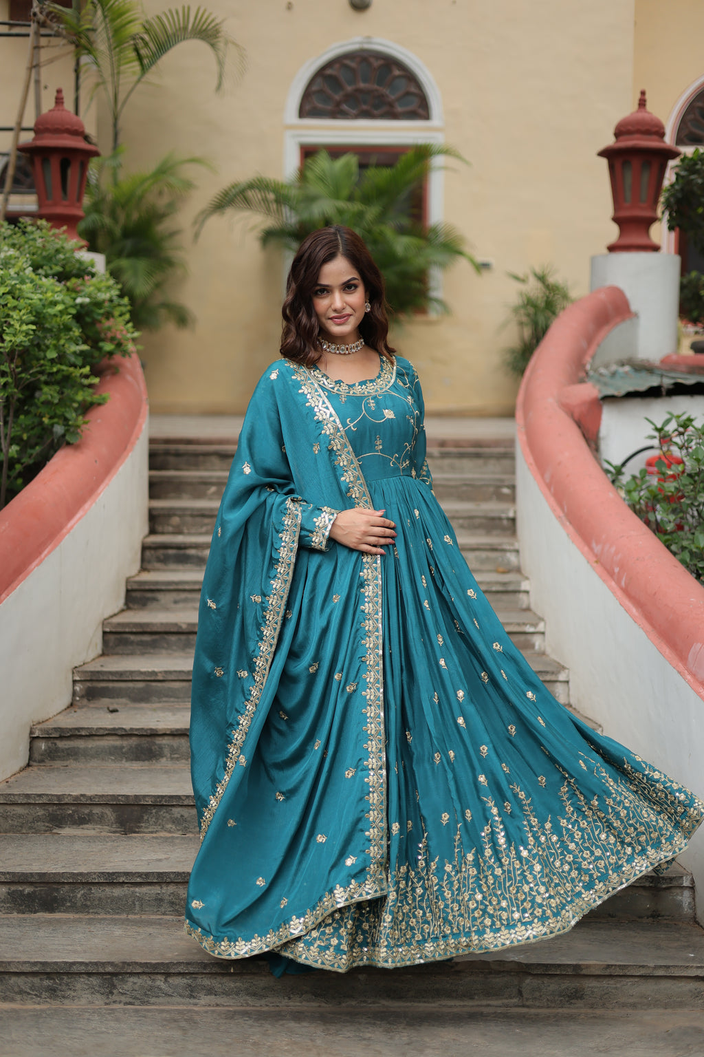 blue long kurti sharara suit set 