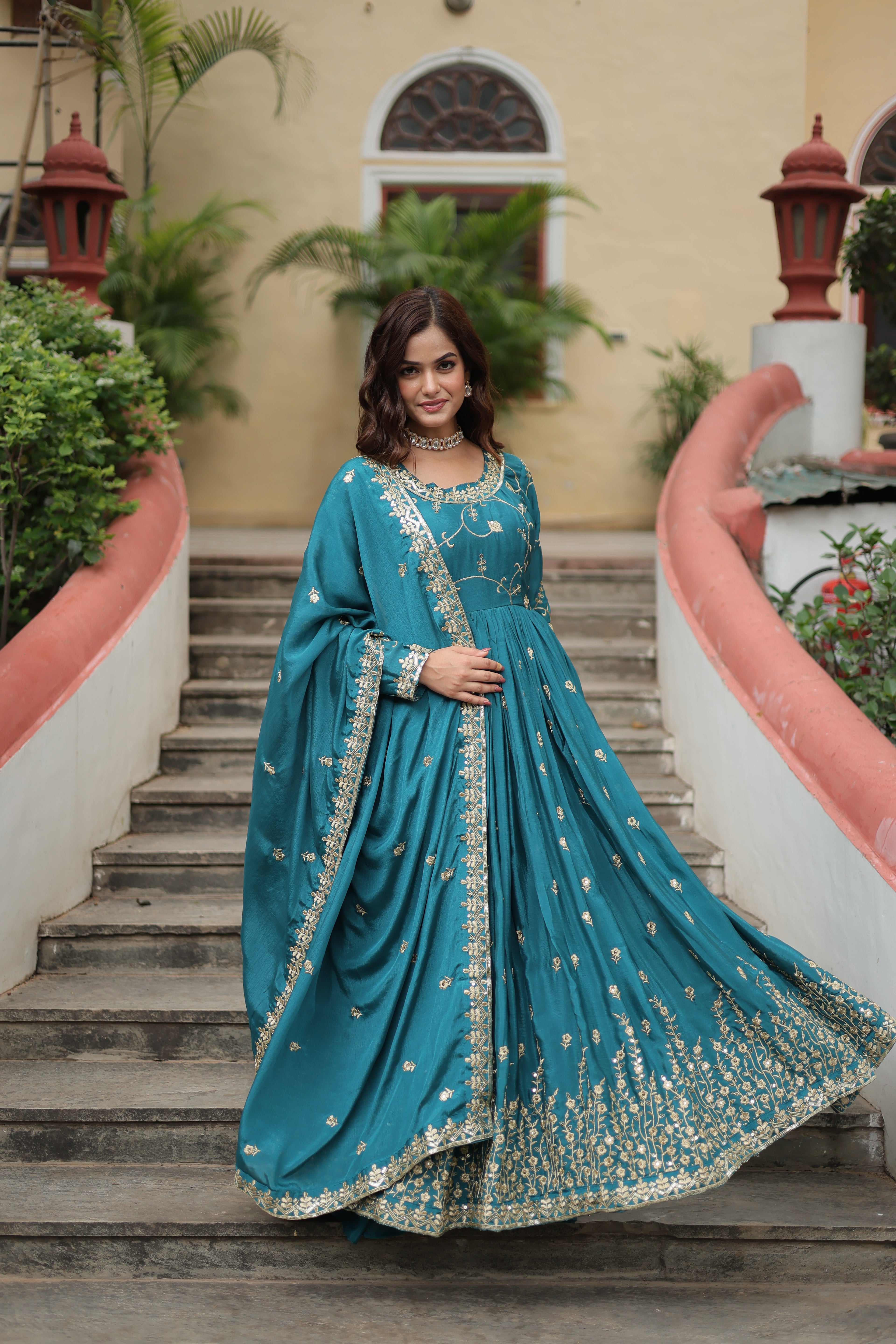 blue long kurti sharara suit set 