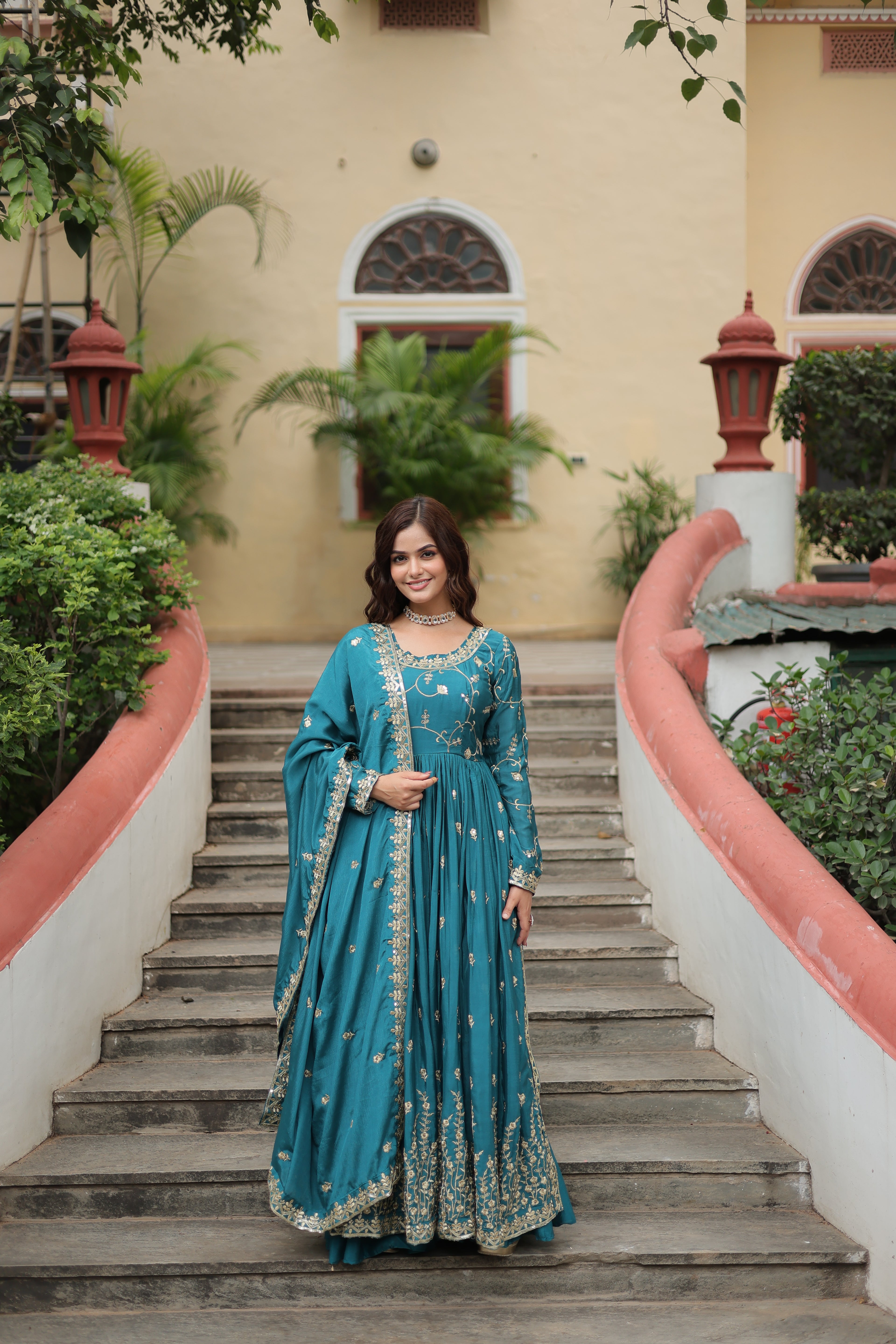 blue long kurti sharara suit set 
