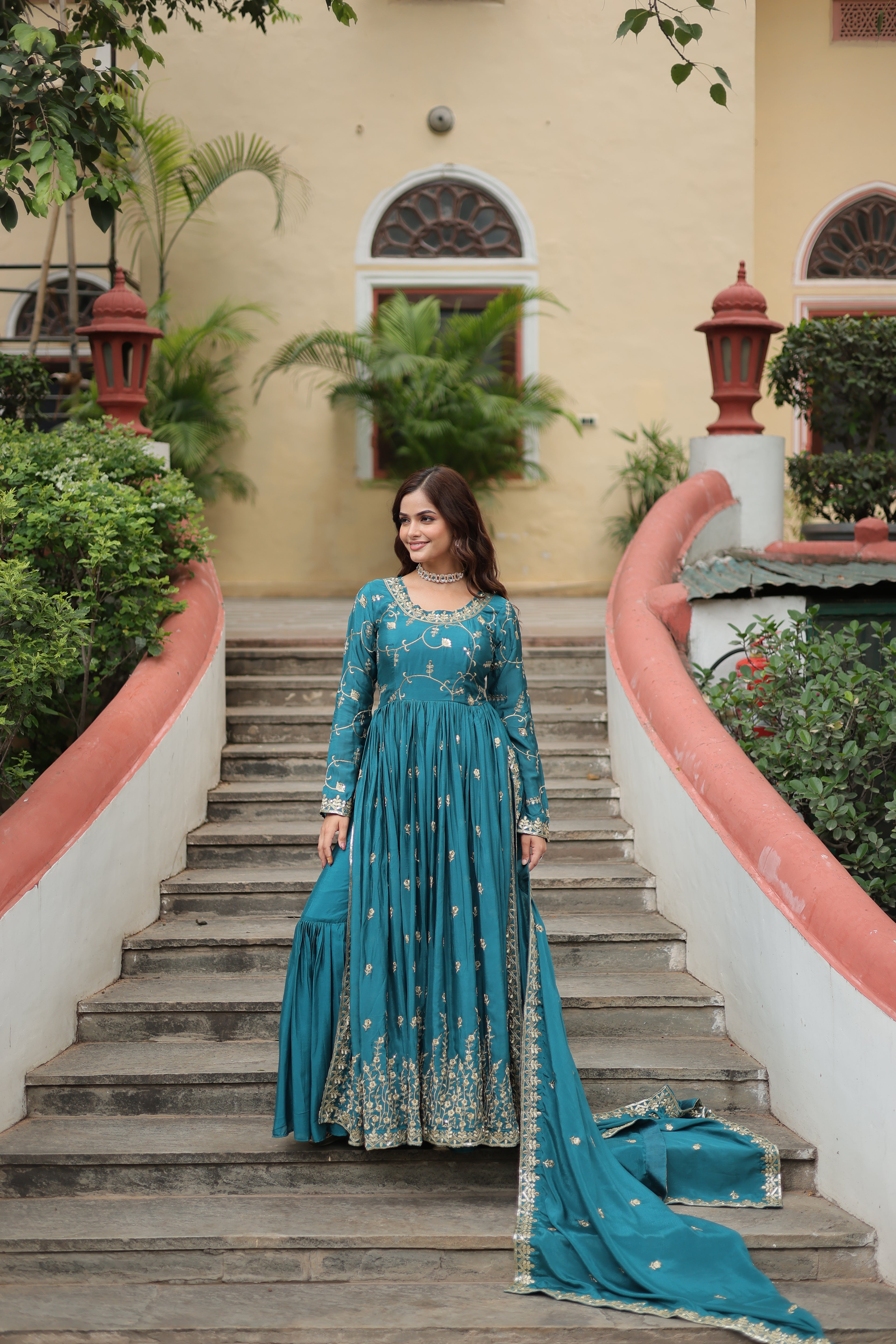 blue long kurti sharara suit set 
