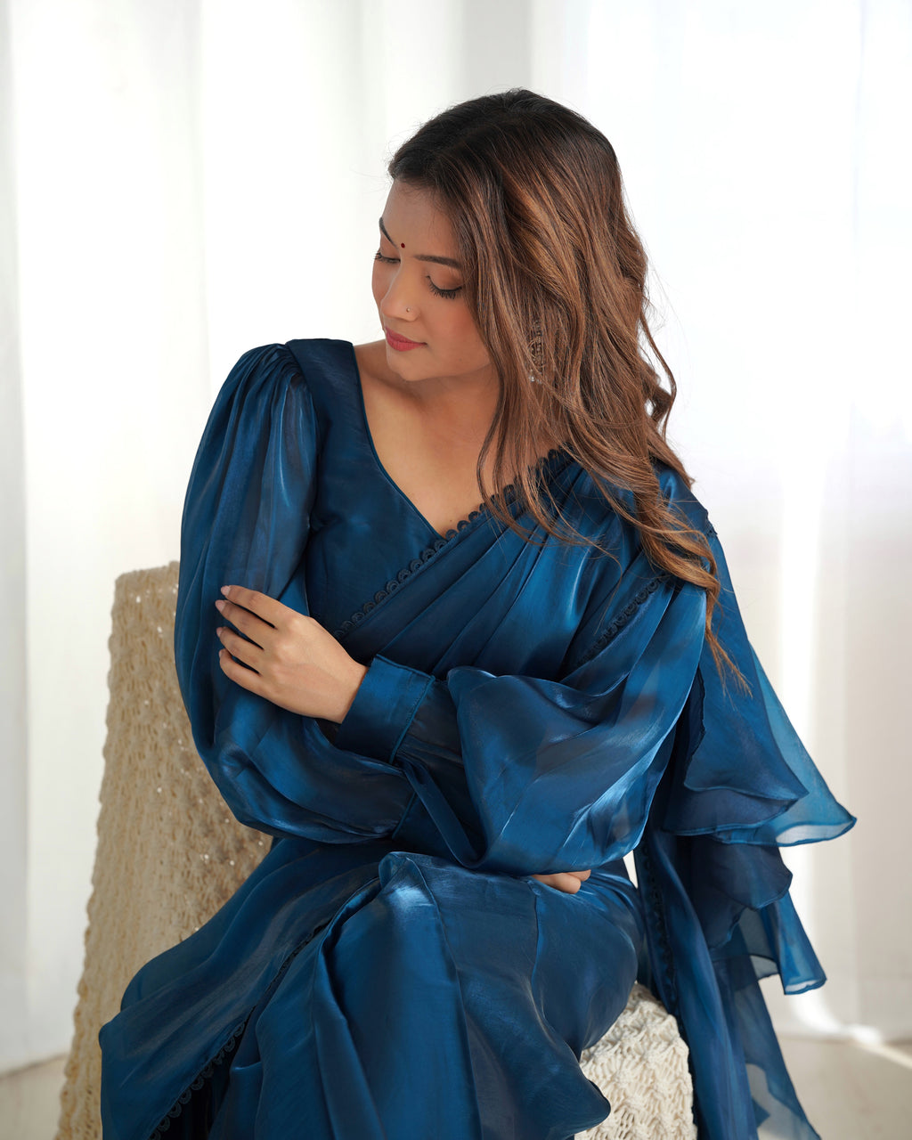 blue ruffle saree 