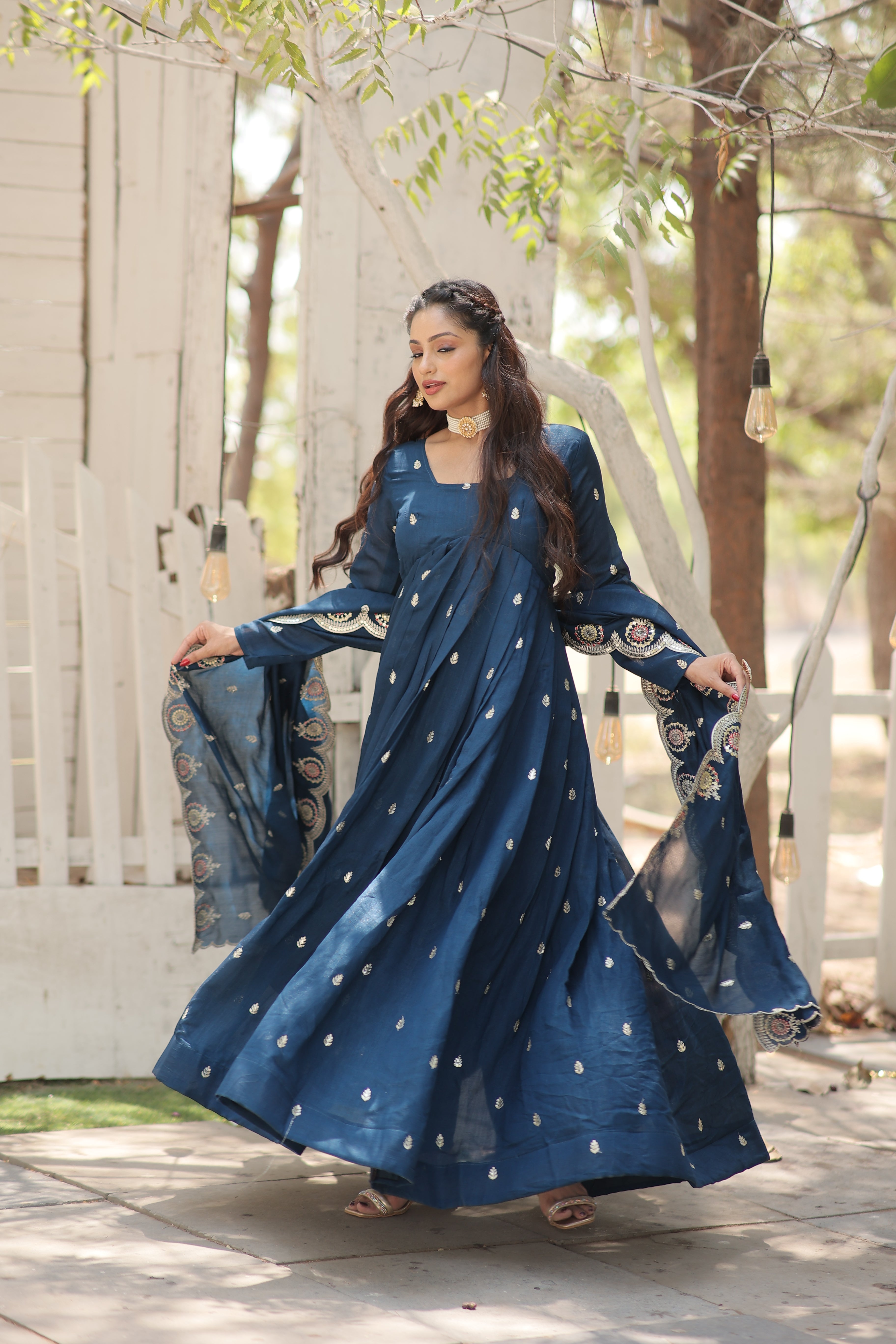 blue silk gown with dupatta 