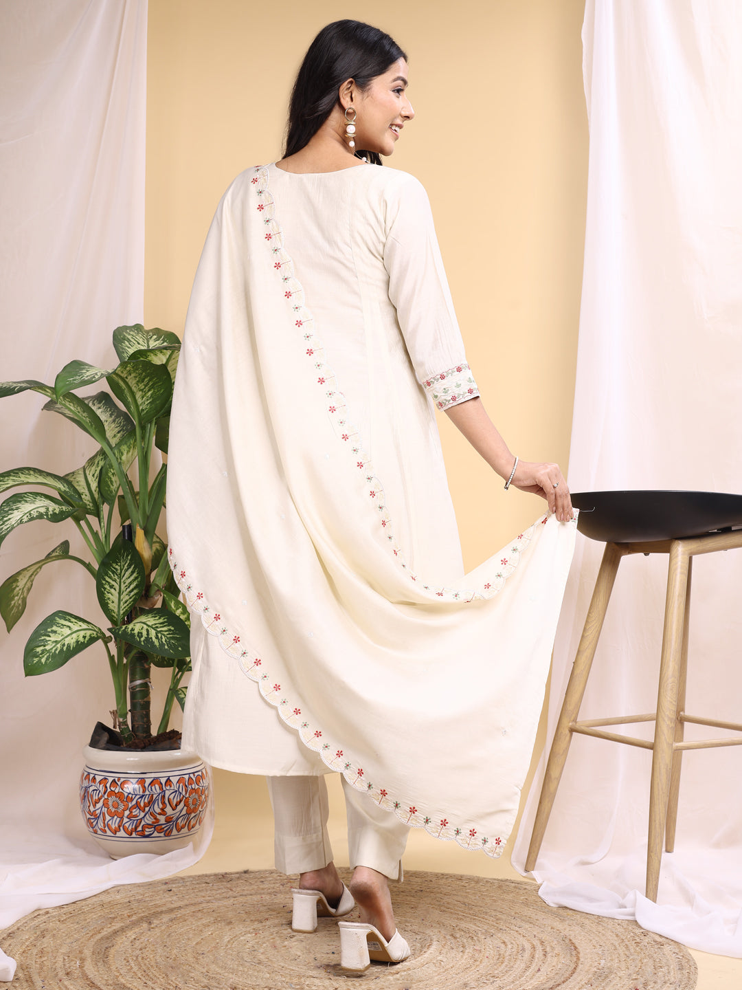 cream silk embroidery with hand work kurta set