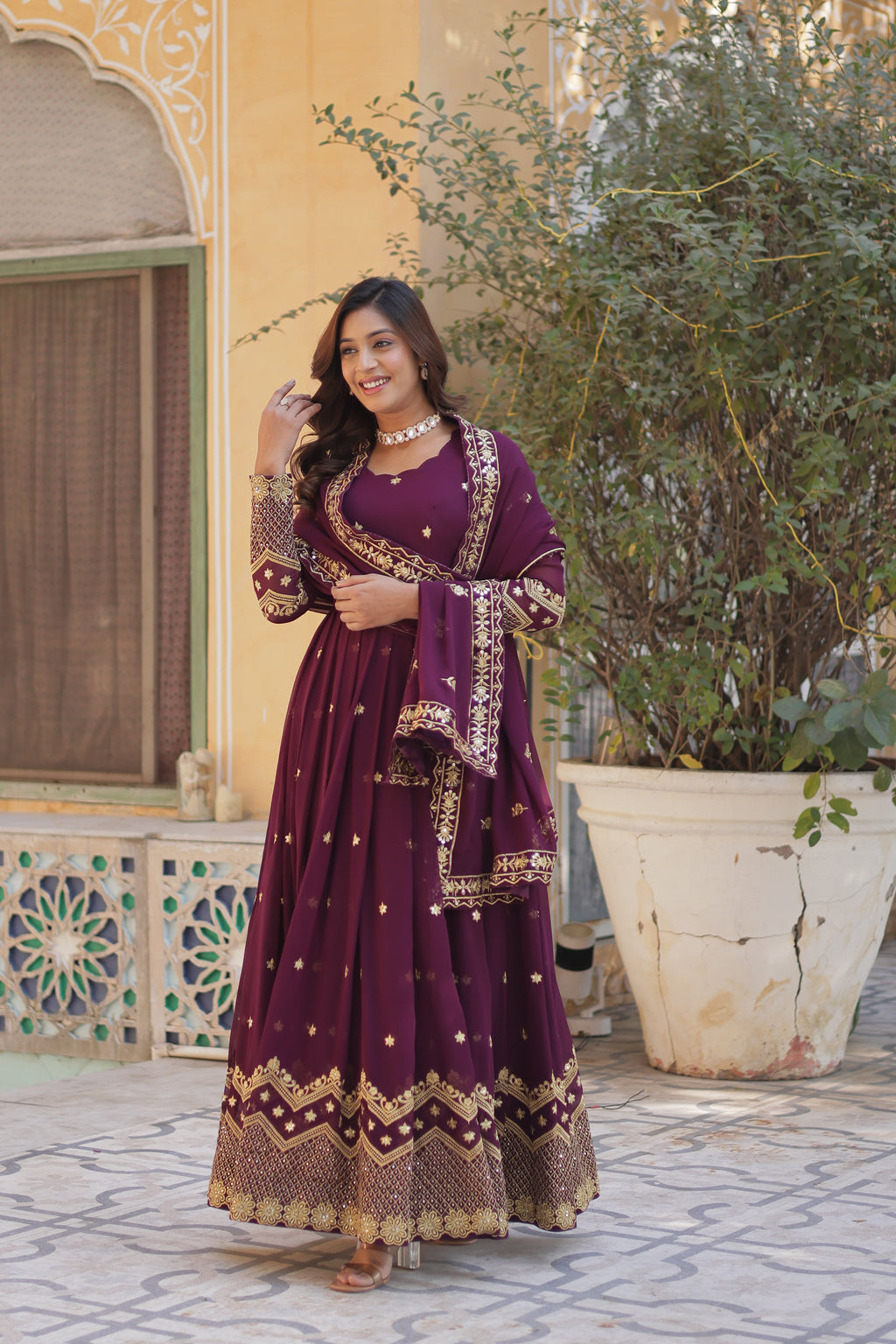 embroidered gown with dupatta 