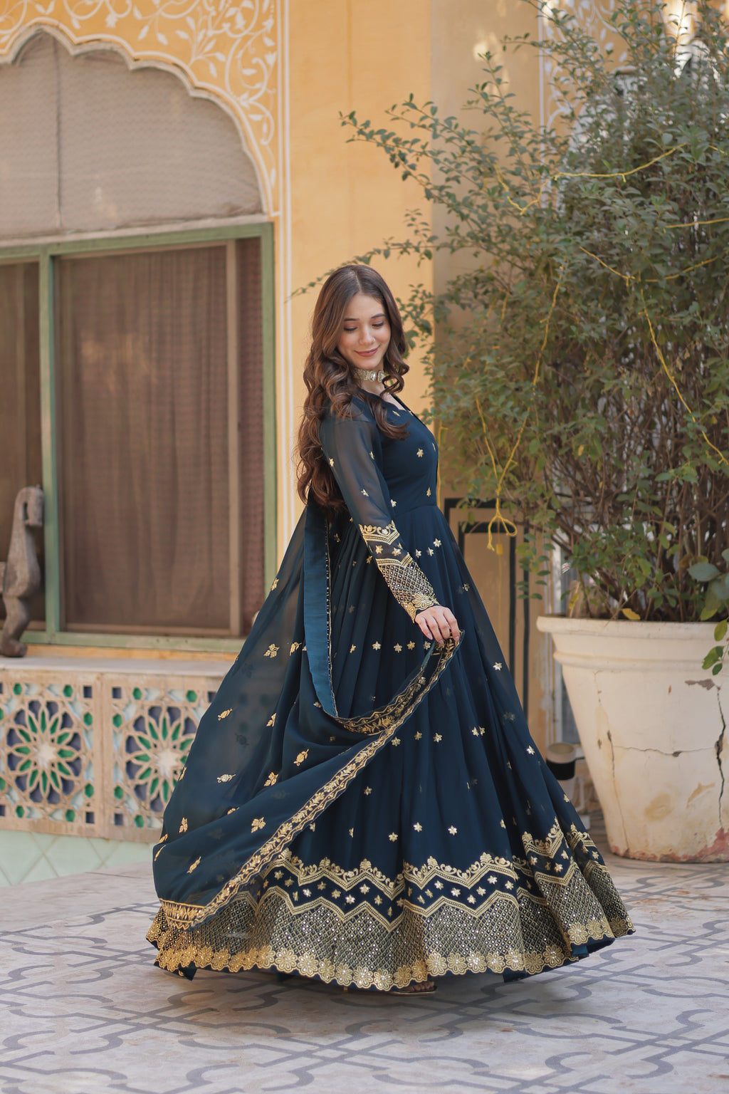 embroidered gown with dupatta 