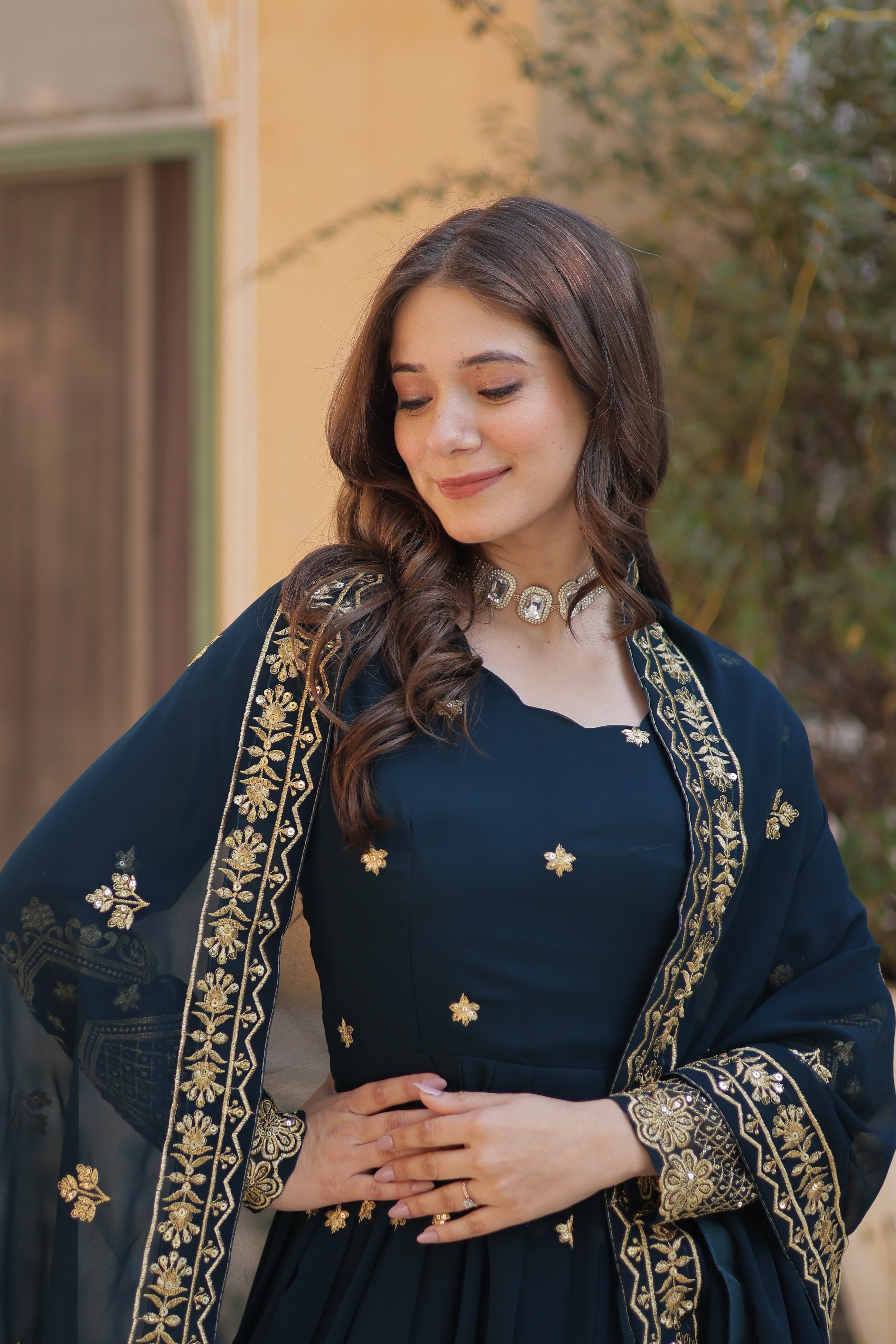 embroidered gown with dupatta 