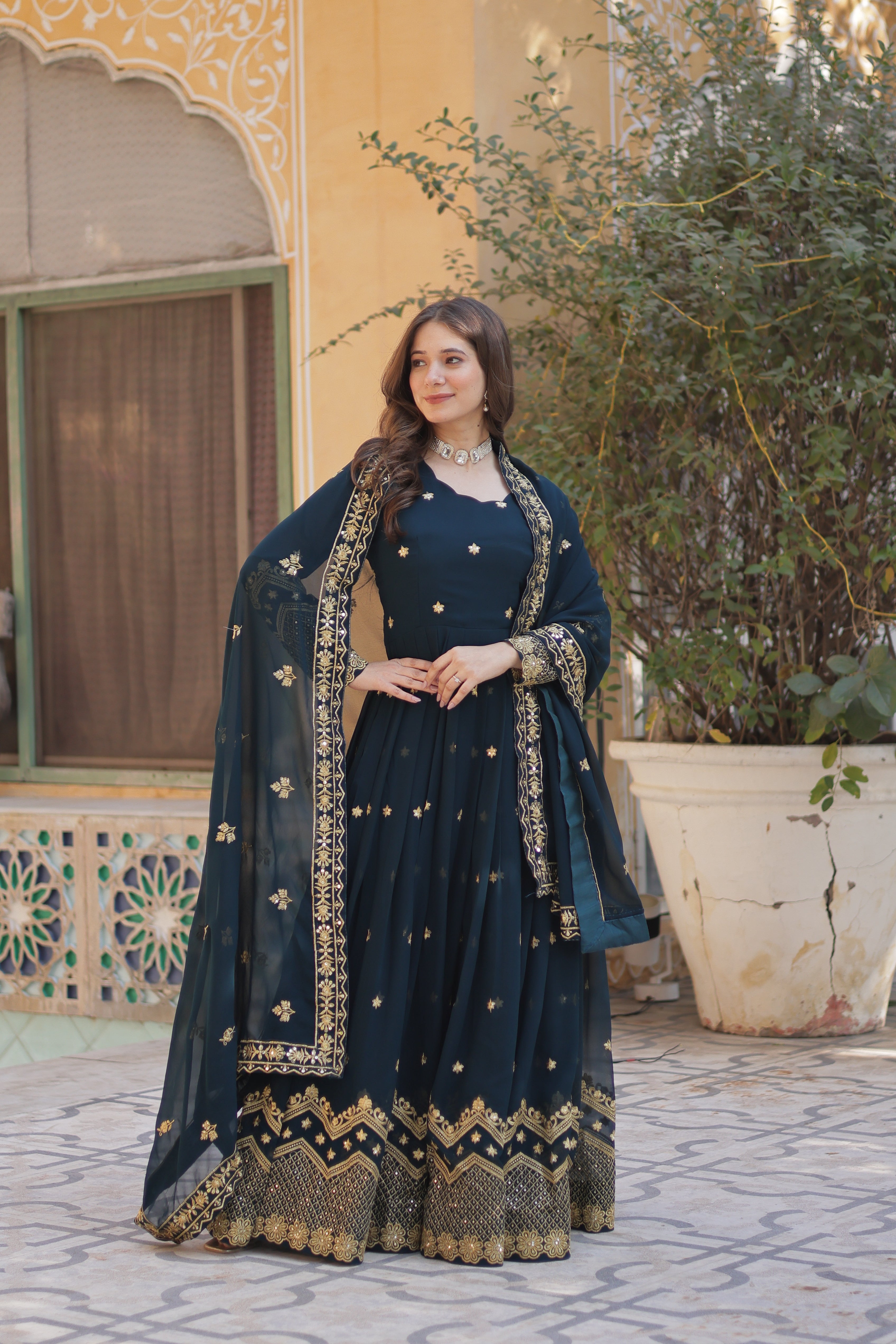 embroidered gown with dupatta 