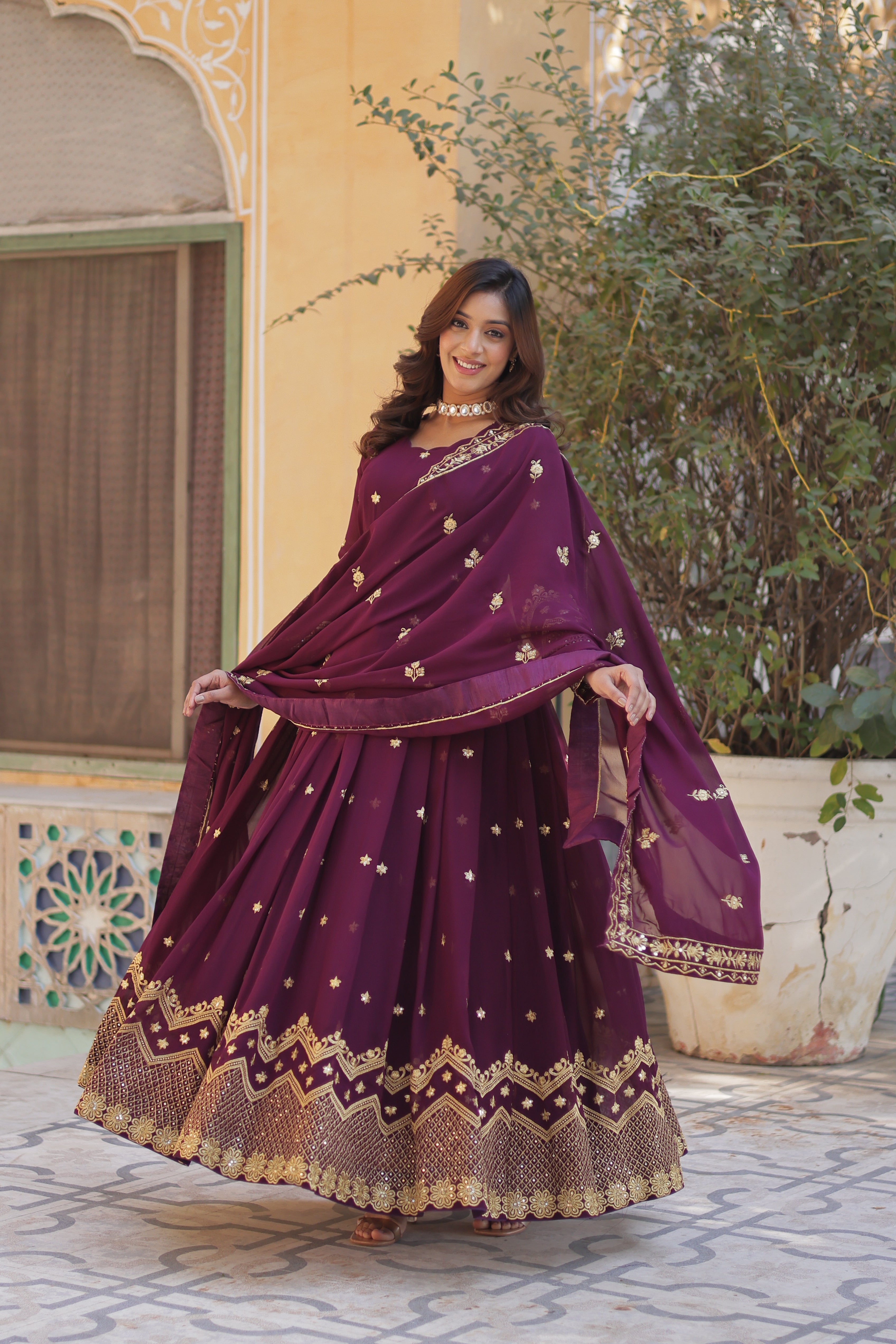 embroidered gown with dupatta 