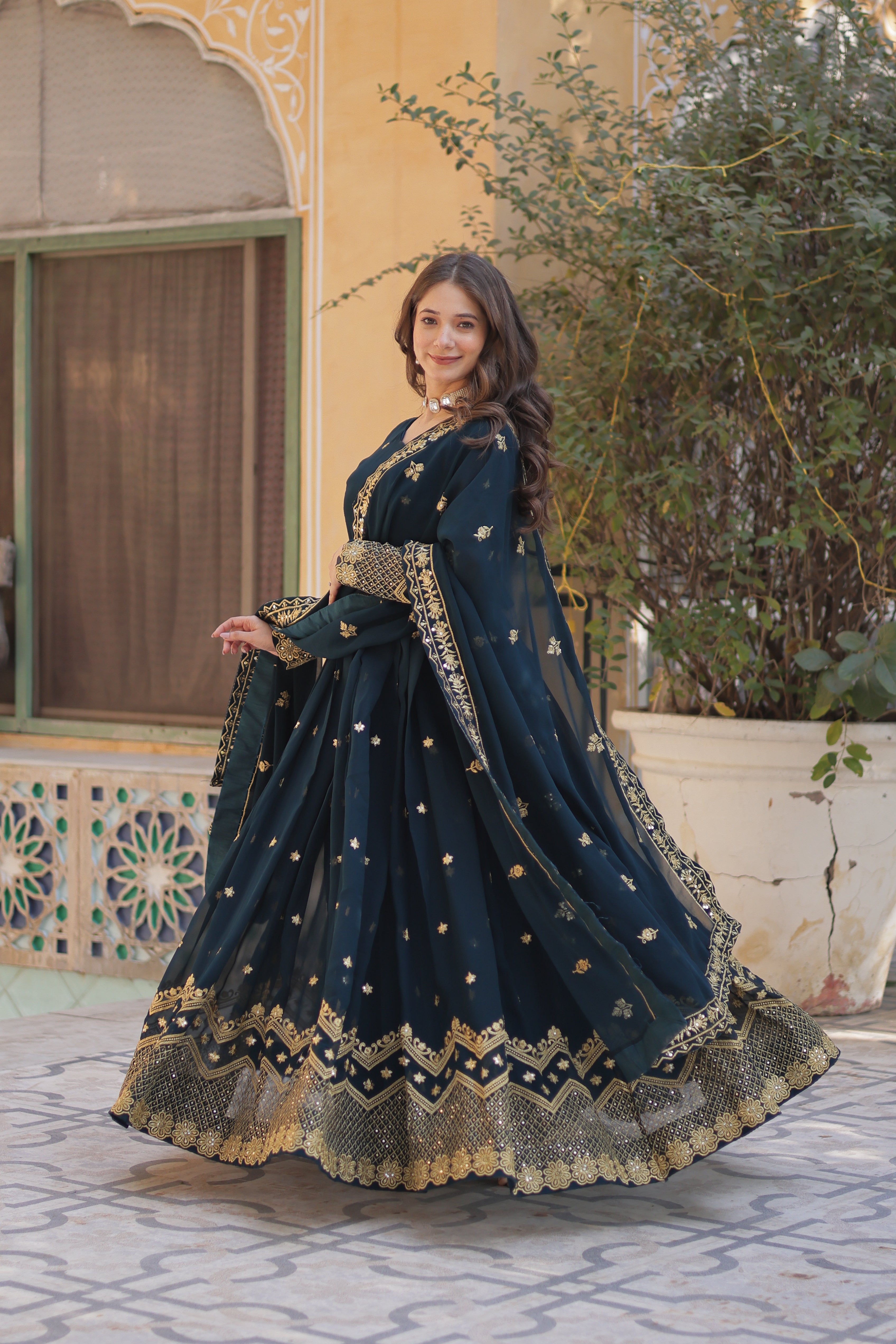embroidered gown with dupatta 