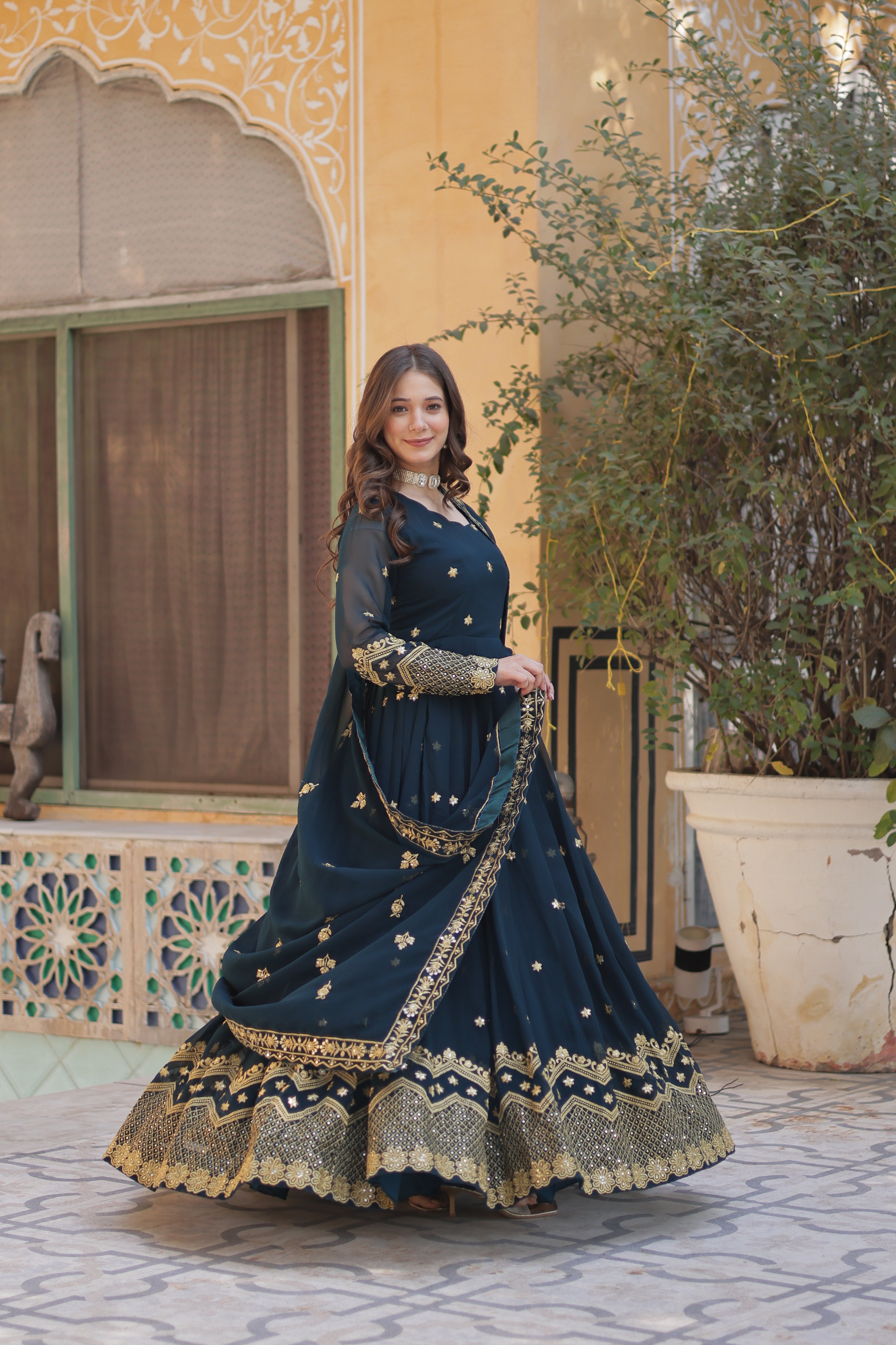 embroidered gown with dupatta 